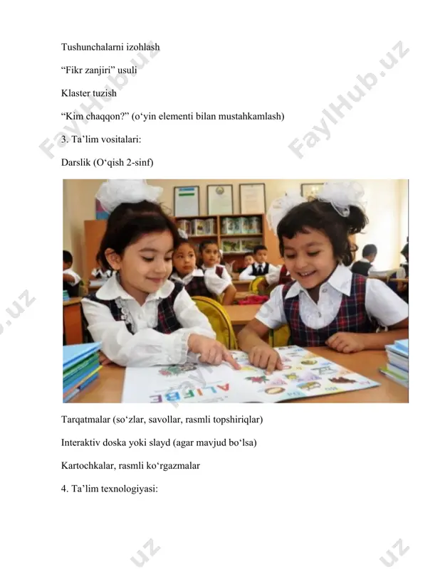 , ehtirom, qadriyat, so‘zlash, yozish, adabiyot bularni sinfga ilib qo‘yish yoki “fikr zanjiri” uchun ishlatish mumkin. 4. interaktiv topshiriqli slayd (matn bilan ishlash) matndan parchalar beriladi va bo‘sh joyni to‘ldirish: til – bu insonlar ... uchun vosita. biz ona tilimizni ... kerak. yoki rasm asosida matn tuzish. 5. klaster (grafik organayzer) doskada yoki slaydda quyidagi ko‘rinishda: til nima? muloqot vositasi o‘zlik ramzi ilm kaliti do‘stlik ko‘prigi ota-bobolar merosi darsga yakun yasash: o‘quvchilar bilan umumlashtiruvchi suhbat: – bolajonlar, bugun biz qanday mavzuni o‘rgandik? – til nima uchun kerak ekan? – ona tilimizga qanday munosabatda bo‘lishimiz kerak? – matndan qanday xulosa chiqardik? o‘quvchilarning javoblarini qisqacha tahlil xulosa: bugungi darsda biz tilning qanchalik muhimligini o‘rgandik. til — bu nafaqat so‘zlashish vositasi, balki xalqning tarixiy va madaniy merosi, uning boyligi hisoblanadi. ona tilimizga hurmat bilan qarash, uni to‘g‘ri va go‘zal ishlatish — har birimizning burchimizdir. tilimizni asrab-avaylash, uni toza saqlash orqali biz o‘z millatimizga, …