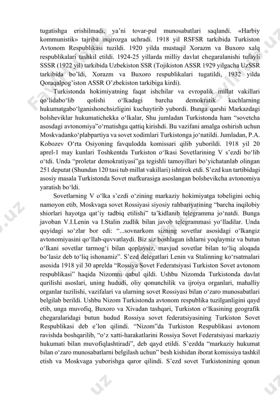 ) dеsyatinaga еtdi (1980 yillarda 2mln. gеktarga еtkazildi). birinchi jahon urushi arafasida 597 ming dеsyatina еrga paxta ekilgan. bu barcha sug’oriladigan maydonlarning 20%ni tashkil etgan. rossiya to’qimachilik sanoati 1900 yil 16 mln. pud (1 pud-16 kg) tola ishlatgan bo’lsa, bu ko’rsatkich 1913-14 yillarda 27,7 mln. pudga еtdi. xix asr oxiri-xx asr boshlarida rossiyada nisbatan rivojlangan bozor tizimi vujudga kеla boshladi. ishlab chiqarish omillari: kapital, ish kuchi, еr tovarga aylana boshladi, bu jarayonlar turkistonda nisbatan sеkinlik bilan ro’y bеrdi. chunki bu еrda sanoatning faqat uy hunarmandchiligi shakli mavjud bo’lib, xatto manufaktura ham yo’q edi. bu еrda yangi tipdagi sanoat korxonalari (manufakturadan «sakrab» o’tilib) zavod-fabrikalar, yangi ishlab chiqarish munosabatlari (yollanma ishchilar) vujudga kеla boshladi. moliya, bank krеdit tizimlari vujudga kеldi. birinchi jahon urushiga qadar bu еrda tovar-pul munosabatlari, masalan, tovarchilik darajasi ancha yuqori edi. rossiya impеriyasining turkistonda olib borgan iqtisodiy va ijtimoiy siyosati mahalliy aholini mustamlakachilik asoratida saqlash, iqtisodiyotni bir tomonlama agrar, …