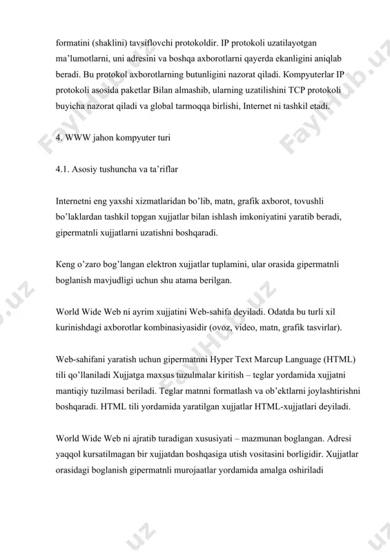eb-xujjatlarini ko’rish dasturlari. web-xujjatni foydalanuvchining kompyuterida akslantirish uchun maxsus dastur – brouzer (browser – inglizcha so’zidan) amalga oshiradi. microsoft kompaniyasini internet explorer va netscape navigator brouzerlari eng kup tarkalgandir. brouzerni asosiy vazifasiga kiradi: · xujjat saklanadigan web-server bilan aloka urnatish va xujjatni barcha komponentlarini yuklash; · html tegi teglarini talqin qilish (interppretasiya) ekranda web-sahifani shakllantirish va tasvirlash , web-sahifa tarkibiga kiruvchi, multimedia va boshqa ob’ektlarni tasvirlash uchun vositalar taqdim etish ; · web-saxifalarni izlashni avtomatlashtirishni ta’minlash va avval ko’rilgan web-saxifalarni ko’rishni soddalashtirish; · internetni boshqa xizmatlari bilan ishlash uchun vositalarni taq-dim etish; · internet explorer brouzerini bajarilishi uchu nish stolida internet explorer yorligidan foydalanish mumkin, ya’ni bosh menyuda pusk-programmi’ , bundan tashqari html formatidagi xujjatni ochishga urunganda brouzer avtomatik ishga tushuriladi. url – adresi 4 maydondan tuzulishi mumkin. · protokol nomi · кompter (server) nomi · xujjatni izlash yuli · xujjatni ichida anik joyga ishorat word wide web ni kurish …