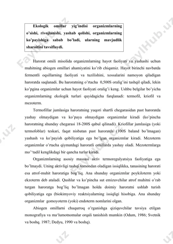 yatini pasayishiga, ya‘ni tabiiy muvozanatning buzilishiga olib kelishi mumkin. parazitizm bu har xil turdagi organizmlarning biotik aloqalar shakli bo’lib, unda bulardan bittasi boshqasining hisobiga, uning tanasi ichida (endoparazitizm) yoki tashqarisida (ektoparazitizm) yashaydi. parazit bilan organizm egasi orasidagi aloqaning uzoq davom etishiga bog’liq holda doimiy parazitizm yoki statsionar va vaqtinchalik parazitizimlarga ajratiladi. parazitizmning mezoni uning o’ziga xosligi hisoblanib, ya‘ni evolyutsion mexanizm moslashishi hisobiga kun kechiradi. raqobat – bu turlararo va turlar ichidagi shunday munosabatki, bunda populyatsiyalar (alohida tur) oziqlanish va yashash muhitining sharoitlari uchun bir-birlari bilan kurashadi. populyatsiyalar me‘yor chegarasigacha o’sganda ichki fiziologik mexanizmlar regulyatsiyasi harakatga keladi : alohida turlarning o’limi ko’payadi, nasldorligi kamayadi, ruhiy tanglik holati (stress) paydo bo’ladi (janjallar, kannibalizm va boshq.). fe‘l-atvorli tartibga solish (hududiy va guruhli) muhim ahamiyat kasb etadi. hududiy fe‘l-atvorli tartibga solish ichki raqobat shaklini ifodalaydi, yashab turgan hududidan foydalanishni boshqarish, populyatsiyaning ko’payishini chegaralab turadi. guruhli fe‘l-atvorli tartibga solish turli yoshdagi alohida turlarning kichigidan – …