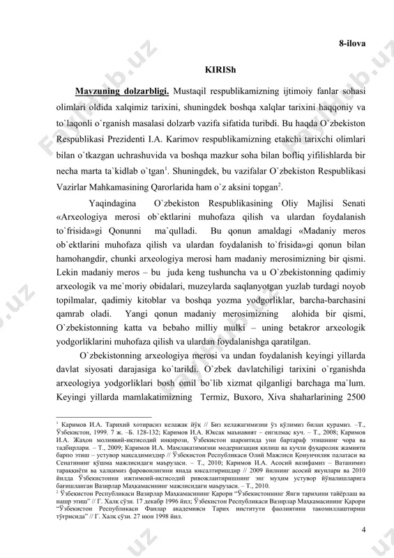 andda yashagan qadimgi aholining me`moriy yodgorliklarini o`rganish jarayonida alohida ahamiyatga ega bo`lgan turar joylar, xo`jalik xonalari va diniy marosimlar uchun mo`ljallangan inshootlarining qurilish uslublarini tahlil qilish; – vohadagi afrasiyob va ko`k tepa xarobalarida va uning atrofidagi boshqa arxeologik yodgorliklar madaniyatining gullab-yashnashi va inqirozga yuz tutish sababarini ko`rsatib berish. bitiruv malakaviy ishining davriy chegarasi. samarqand vohasidagi yodgorliklarning qadimgi va o`rta asrlarga oid bo`lgan tarixini yoritishda ilk rus sharqshunoslari qazishmalari natijalaridan, mazkur hududda olib borilgan mustaqillik yillaridagi yangi arxeologik tadqiqot ishlari natijalari tahlil etiladi. bitiruv malakaviy ishining nazariy–uslubiy asoslari. tadqiqotda o`rganiliyotgan muammoni to`fri talqin etishda arxeologik,etnografik,numizmatik va yozma manbalarga amal qilindi. turli manba va ma`lumotlarni tahlil qilishda ularga qiyosiy va tanqidiy nuqtai nazardan yondashildi. davr xususiyatlarini nazarda tutgan holda voqealar tarixiylik, tadrijiylik, stivilizastion yondashuv usullari asosida umumlashtirildi va tahlil etildi. tadqiqotning nazariy-uslubiy asosini ishlab chiqishda o`zbekiston respublikasi prezidenti i.a. karimovning asarlari, ma`ruza va nutqlarida ilgari surilgan ilmiy-nazariy ko`rsatmalari, tarixiy shaxslar va qadimiy …