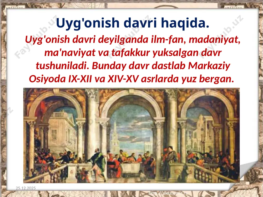 s. 17.08.2019 9 lekin shu qisqa davr ichida o'z nomini abadiylikka muhrlagan asarlar yarata oldi. u yaratgan asarlar ichida «sikstin madonnasi» mashhurdir. zamondoshlari «sikstin madonnasi» asariga «shu xildagilarning yagonasi» deb baho berishgan edi. unda oyoqyalang bibi maryam go'yo bulutlarni bosmaganday, ohista ularning ustida uchib yurganday. 17.08.2019 10 gollandiyalik mashhur rassom rembrandt (1606-1669) yaratgan asarlar ichida eng mashhuri «adashgan o'g'ilning qaytishi» rasmi edi. 17.08.2019 11 bu asarni muallif hayotining eng og'ir damlarida - o'g'lining o'limidan so'ng yaratgan. haykaltaroshlik. 17.08.2019 12 ularning eng mashhuri italiyalik mikelanjelo (1475--1564) edi. bu davr haykaltaroshlari haykaltaroshlik san'atini san'atlarning birinchisi, u insonni, uning go'zalligini hamma boshqa san'at turlaridan yaxshiroq sharaflaydi, deb hisoblaganlar. haykaltarosh mikelanjelo esa jang oldida turgan davidni tasvirlagan. uning yuzi g'azabga to'la. 17.08.2019 13 bu haykal o'zining balandligi va go'zalligi bilan o'zigacha yaratilgan barcha asarlarni ortda qoldirdi. pyotr sobori rimning va yevropaning bosh katolik ibodatxonasidir. 17.08.2019 14 yuz yildan ortiq davr mobaynida bunyod etilgan bu …