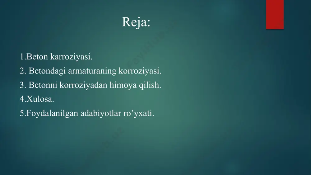 + co2 + h2o = ca(hco3)2.eritishdan tashqari, betonning kimyoviy korroziyasi ham sodir bo'ladi:ca(oh)2 + 2hcl = cacl2 + 2h2o,bu jarayonda kaltsiy xlorid tuzlari yuviladi.suv sulfatlari ta'sirida betonning buzilishi sodir bo'lsa, puzolanik portlend sement va sulfatga chidamli portland sement ishlatiladi. 3.teshiklarda yomon eriydigan moddalarning hosil bo'lishi va kristallanishi tufayli betonning korroziyasi. betonning yuqorida tavsiflangan korroziya shikastlanishiga qo'shimcha ravishda, mikroorganizmlar ishtirokida biokorroziya paydo bo'lishi mumkin. qo'ziqorinlar, bakteriyalar va ba'zi suv o'tlari beton toshning teshiklariga kirib, u erda rivojlanishi mumkin. ularning metabolizm mahsulotlari yotqiziladi va beton toshning tuzilishini asta-sekin yo'q qiladi.beton korroziyaga uchraganda, odatda bir vaqtning o'zida bir necha turdagi halokat sodir bo'ladi.ekstremal ish sharoitida betonning korroziyasi (temir-beton konstruktsiyalar).ekstremal sharoitlar beton toshning juda past haroratlarga ta'siri va oshgan turli xil moddalarni o'z ichiga oladi. betondagi armaturaning korroziyasi beton armaturani korroziyadan himoya qilish. armaturaning xizmat qilish muddatini uzaytirish uchun beton toshning po'latga ta'sirini yaxshilash kerak. bu betonning o'tkazuvchanligini sezilarli darajada kamaytiradi. beton toshning doimiy …