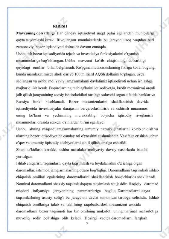 an tadqiqotlarning juda katta hajmiga qaramay, iqtisodiy nazariyada individual omillarning ta'siri sifatida yakuniy nuqtai nazar hali ishlab chiqilmagan. shaxsiy jamg'armalarni to'plash jarayoni, shuningdek, aholining jamg'armalari va iqtisodiy rivojlanish sur'atlari o'rtasidagi bog'liqlik. shu sababli, aholini tejashning umumiy kontseptsiyasini shakllantirishga katta ehtiyoj bor. ishning dolzarbligi zamonaviy iqtisodiy adabiyotlarda aholining investitsiya salohiyatini faollashtirish va aholining haqiqiy jamg'armalarini miqdoriy baholash muammosiga juda kam e'tibor qaratilganligi bilan izohlanadi. ammo ba'zi ko'rinishlar ham bor. biz 90- yillarning o'rtalarida paydo bo'lgan aholining moliyaviy salohiyatini va jamg'armalardan investitsiya maqsadlarida foydalanish imkoniyatlarini baholash usullari haqida gapiramiz. ular aholining jamg'armalarini o'rganishning nazariy bazasidagi bo'shliqni to'ldirishga qodir va yangi qo'shimcha tadqiqotlar o'tkazish mumkin bo'lgan barcha yo'nalishlarni aniqlashga imkon beradi. kurs ishining asosiy vazifalari quyidagilardan iborat: tejashni makroiqtisodiy toifalar, ularning o'zaro bog'liqligi sifatida ko'rsatish; shuningdek xorijiy mamlakatlar tajribasi. kurs ishini o'rganish ob'ekti daromad, iste'mol va tejashdir. kurs ishini yozishda quyidagi usullardan foydalanilgan: mantiqiy; tarixiy; davriylashtirish; taqqoslash; tahlil. kurs ishi kirish, uchta bob, …
