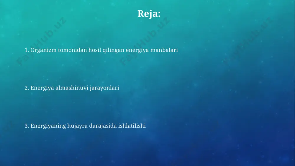 'lib, bu ko'rinadigan yorug'lik spektrining asosiy qismidir. bu to'lqin uzunliklaridagi fotonlar xlorofil tomonidan yutilishi mumkin. uyali nafas olish jarayoni elektron transport zanjirida nadh va fadh2 ning oksidlanishi natijasida proton gradienti hosil boʻlib, bu protonlarning atp sintaz orqali oʻtishi hisobiga atp sintezlanadi, bu jarayonda kislorod yakuniy elektron qabul qiluvchi vazifasini bajaradi. krebs sikli deb ataluvchi sitrat siklida, asetil-koa ning oksidlanishi natijasida 2 molekula atp, 6 molekula nadh va 2 molekula fadh2 hosil boʻladi. energiya balansini saqlash energiya balansini buzilishlar natijasida semirish yoki ozish kabi metabolik kasalliklar paydo bo‘ladi. bunday buzilishlar metabolizmning 10-15% ga o‘zgarishi bilan bog‘liq bo‘lishi mumkin. energiya balansini saqlash organizmning atp sintezining tezligini iste’mol qilingan energiya miqdoriga moslashishi orqali amalga oshiriladi, bu jarayon taxminan 30-40% samaradorlikka ega. energiya yetishmovchiligi va uning oqibatlari energiya tanqisligi miya faoliyatiga salbiy ta'sir ko'rsatib, konsentratsiya qilish qobiliyatini 15-20% ga pasaytirishi va xotira buzilishlariga olib kelishi mumkin. energiya yetishmovchiligi hujayra metabolizmining 30% gacha pasayishiga, atp …