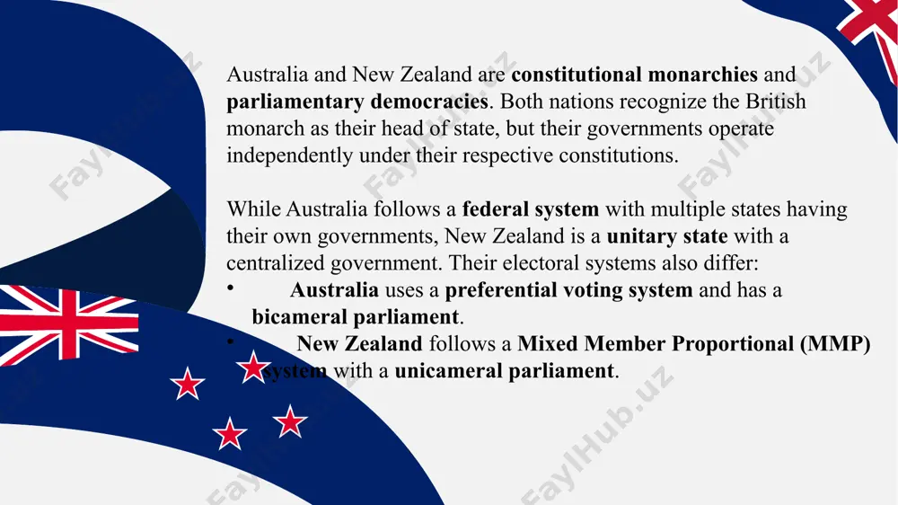 ize quality, accessibility, and global recognition. education in both countries is compulsory for children up to a certain age and is divided into primary, secondary, and tertiary education levels. while australia follows a federal structure, where each state manages its own education system, new zealand has a centralized education system regulated by the ministry of education. art, culture, historical monuments od australian and new zealand. economic , cultural and diplomatic relations established by australia and new zealand with uzbekistan structure of the education system australia’s education system 🇦🇺 a. early childhood education (ece) not compulsory but widely encouraged. includes kindergarten, preschool, and daycare centres. government subsidies available for families. b. primary education (years 1-6) begins at age 6 and is compulsory. focus on literacy, numeracy, science, and social studies. public schools (government-funded) and private schools available. c. secondary education (years 7-12) compulsory until age 16, optional thereafter. senior secondary students …