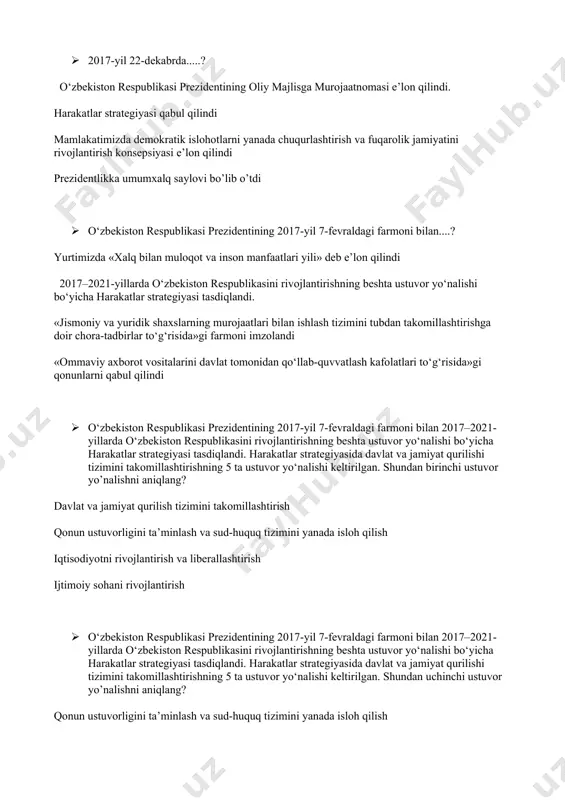 lashtirish ijtimoiy sohani rivojlantirish · o‘zbekiston respublikasi prezidentining 2017-yil 7-fevraldagi farmoni bilan 2017–2021-yillarda o‘zbekiston respublikasini rivojlantirishning beshta ustuvor yo‘nalishi bo‘yicha harakatlar strategiyasi tasdiqlandi. harakatlar strategiyasida davlat va jamiyat qurilishi tizimini takomillashtirishning 5 ta ustuvor yo‘nalishi keltirilgan. shundan uchinchi ustuvor yo’nalishni aniqlang? qonun ustuvorligini ta’minlash va sud-huquq tizimini yanada isloh qilish iqtisodiyotni rivojlantirish va liberallashtirish ijtimoiy sohani rivojlantirish xavfsizlik, diniy bag‘rikenglik va millatlararo totuvlik, o‘zaro manfaatli va amaliy tashqi siyosat mustaqillik yillarida tarixiy shaharlarning ham yubileyi nishonlangan. quyidagi qaysi shaharning 2700 yilligi yunesko ishtirokida keng bayram qilindi? samarqandning termizning shahrisabzning buxoroning o‘zbekiston respublikasi prezidentining 2017-yil 7-fevraldagi farmoni bilan 2017–2021-yillarda o‘zbekiston respublikasini rivojlantirishning beshta ustuvor yo‘nalishi bo‘yicha harakatlar strategiyasi tasdiqlandi. harakatlar strategiyasida davlat va jamiyat qurilishi tizimini takomillashtirishning 5 ta ustuvor yo‘nalishi keltirilgan. shundan to’rtinchi ustuvor yo’nalishni aniqlang? qonun ustuvorligini ta’minlash va sud-huquq tizimini yanada isloh qilish iqtisodiyotni rivojlantirish va liberallashtirish xavfsizlik, diniy bag‘rikenglik va millatlararo totuvlik, o‘zaro manfaatli va amaliy tashqi …