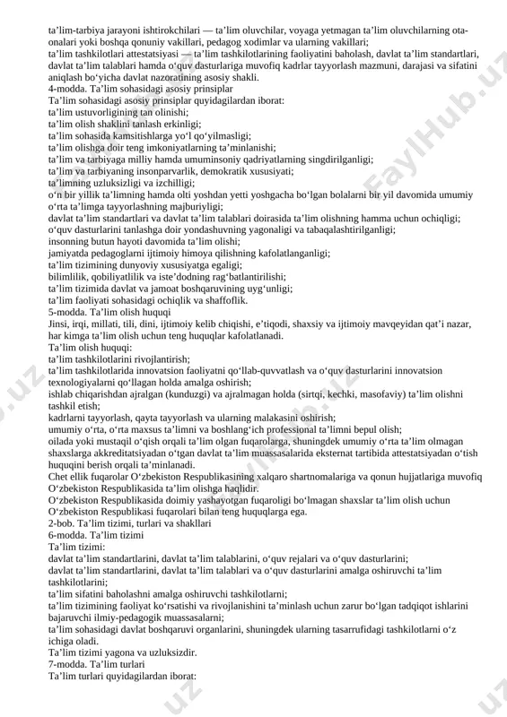 a tayyorgarligini ifodalaydigan, ma’lumot to‘g‘risidagi tegishli hujjat bilan tasdiqlanadigan bilim, qobiliyat, mahorat va ko‘nikmalar darajasi; mutaxassislik — malaka berish bilan yakunlanadigan muayyan kasbiy tayyorgarlik turining nomi; nodavlat ta’lim tashkiloti — davlat ta’lim standartlari, davlat ta’lim talablari va o‘quv dasturlariga muvofiq ta’lim xizmatlari ko‘rsatish faoliyatini amalga oshirish huquqini beradigan litsenziya asosida ta’lim xizmatlari ko‘rsatuvchi yuridik shaxs; tarbiya — aniq maqsadli hamda ijtimoiy-tarixiy tajriba asosida yosh avlodni har tomonlama kamol toptirishga, ularning ongini, ma’naviy-axloqiy qadriyatlar va dunyoqarashini shakllantirishga qaratilgan tizimli jarayon; ta’lim — ta’lim oluvchilarga chuqur nazariy bilim, malakalar va amaliy ko‘nikmalar berishga, shuningdek ularning umumta’lim va kasbiy bilim, malaka hamda ko‘nikmalarini shakllantirishga, qobiliyatini rivojlantirishga qaratilgan tizimli jarayon; ta’lim kampusi — yagona hududda birlashtirilgan o‘quv binolarini, ilmiy-tadqiqot institutlarini (markazlarini), ishlab chiqarish majmualari va texnoparklarni, ta’lim-tarbiya jarayoni ishtirokchilarining vaqtincha yashash joylarini, laboratoriyalarni, axborot-resurs markazlarini (kutubxonalarni), sport inshootlarini, umumiy ovqatlanish obyektlarini o‘z ichiga olgan binolar hamda inshootlar majmuidan iborat bo‘lgan, o‘quv jarayoni, ma’naviy-axloqiy tarbiyaning …