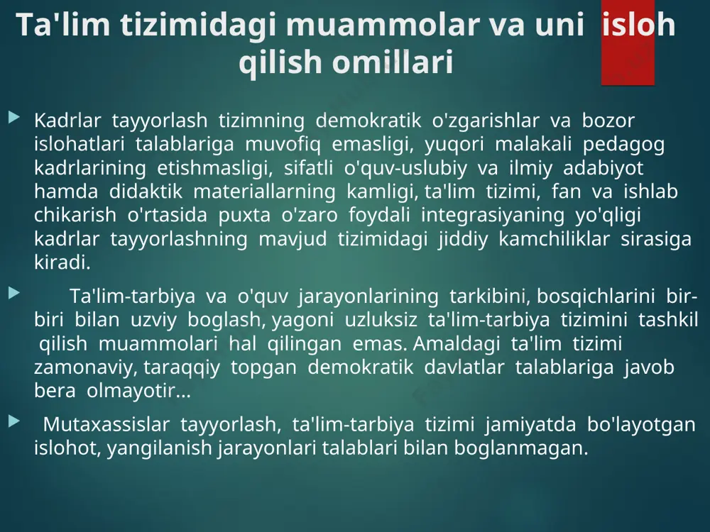 buyicha ishlash kabi mexanizmlaridan yaxshi foydalanilmayapti. o'quv dasturlari mafkuraviy sarkitlardan tula xoli bulganicha yo'q, ualrda mahnaviyat va axloq asoslarini urgatuvchi, iktisodiy, huquqiy, estetik bilimlarni beruvchi fanlarga etarlichaurin berilmayapti. hunar- texniki bilim yurtlaridan yangi tipdagi ta'lim muassasalariga utish kuprok ogizda bulib, amalda esa ularda ta'lim eskirib kolgan moddiy texnika va o'quv uslubiy bazasida, tegishli kayta tayyorgarlikdan utmagan o'qituvchi kadrlar bilan amalga oshirilokda. bir bosqichli oliy ta'lim mehnat bozori ehtiyojlarini, ishlab chiqarishdagi tarkibiy o'zgarishlarni va ilg'or xalqaro tajribani to'liq hajmda hisobga olmayotir. o'quv tarbiya jarayonini tashkil etishda o'quv yurtlari etarlicha mustakillikka ega emas, ular kasbiy mexnat bozorining uzgaruvchan sharoitlariga yaxshi moslashib bormayapti. ilmiy muassasalar, ishlab chikarish va ijtimoiy institutlar kadrlarni tayyorlash jarayoniga etarli darajada kushilganlari yo'q. davlat ta'lim standartlarini ishlab chikish va joriy etish, ta'lim muassasalarini davlat attestasiyasi va akkreditasiyasidan utkazish vazifasi belgilab olinmagan. talabalarning bilim darajasini baxolash tizimi ob'ektivlik va tezkorlikni tahminlamaydi. kasb-hunar ta'limining obrusi hamda o'qituvchilar, tarbiyachilar va murabbiylarning, ilmiy …