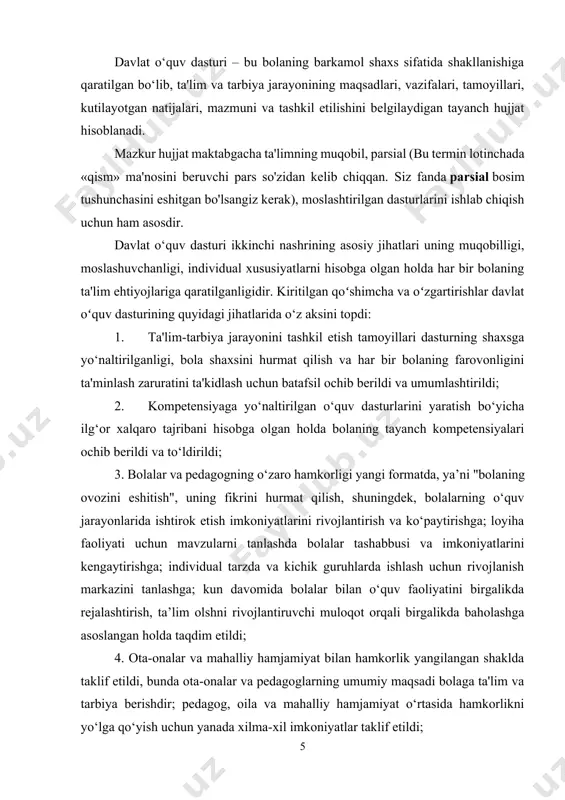 i birgalikda rejalashtirish, ta’lim olshni rivojlantiruvchi muloqot orqali birgalikda baholashga asoslangan holda taqdim etildi; 4. ota-onalar va mahalliy hamjamiyat bilan hamkorlik yangilangan shaklda taklif etildi, bunda ota-onalar va pedagoglarning umumiy maqsadi bolaga ta'lim va tarbiya berishdir; pedagog, oila va mahalliy hamjamiyat o‘rtasida hamkorlikni yo‘lga qo‘yish uchun yanada xilma-xil imkoniyatlar taklif etildi; 5. ta’lim va tarbiya jarayonini tashkil etish tamoyillari bolalarning qiziqishlariga ko‘ra, mustaqil faoliyatlarini amalga oshirish imkoniyatlarini ta'minlashda ta’lim muhiti imkoniyatlarini kengaytirishga qaratilgan rivojlantiruvchi muhit to‘g‘risidagi ma'lumotlar bilan to‘ldirildi; 6. dasturning inklyuziv xususiyati mttning alohida ehtiyojli har bir bolaning alohida ta'lim ehtiyojlari va individual xususiyatlarini hisobga olgan holda ta’limda qo‘shimcha yordam ko‘rsatish majburiyatlari bilan mustahkamlandi; 7. rivojlanish markazlarida tashkil etilgan bolalarning faoliyati loyiha mavzusi bilan to‘ldirildi; 8. namunaviy kun tartibida ta’lim va tarbiya jarayoniga ajratilgan vaqt o‘zgartirildi, bu esa o‘z o‘rnida bolalarning erkin o‘yin faoliyati, bolalarning qiziqishlariga ko‘ra mustaqil faoliyatiga, shuningdek, mavzuli loyiha faoliyatiga ko‘proq vaqt ajratish imkonini beradi; 9. …