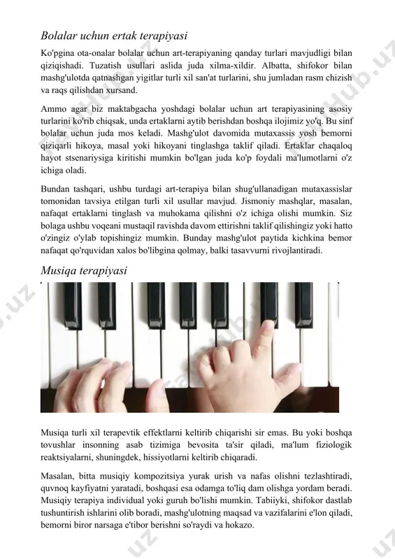 shni o'z ichiga olishi mumkin. siz bolaga ushbu voqeani mustaqil ravishda davom ettirishni taklif qilishingiz yoki hatto o'zingiz o'ylab topishingiz mumkin. bunday mashg'ulot paytida kichkina bemor nafaqat qo'rquvidan xalos bo'libgina qolmay, balki tasavvurni rivojlantiradi. musiqa terapiyasi musiqa turli xil terapevtik effektlarni keltirib chiqarishi sir emas. bu yoki boshqa tovushlar insonning asab tizimiga bevosita ta'sir qiladi, ma'lum fiziologik reaktsiyalarni, shuningdek, hissiyotlarni keltirib chiqaradi. masalan, bitta musiqiy kompozitsiya yurak urish va nafas olishni tezlashtiradi, quvnoq kayfiyatni yaratadi, boshqasi esa odamga to'liq dam olishga yordam beradi. musiqiy terapiya individual yoki guruh bo'lishi mumkin. tabiiyki, shifokor dastlab tushuntirish ishlarini olib boradi, mashg'ulotning maqsad va vazifalarini e'lon qiladi, bemorni biror narsaga e'tibor berishni so'raydi va hokazo. dramatik shifo san'at terapiyasining qanday turlari o'zlarini ifoda etishga yordam beradi? bunday holda, dramatik san'atni ta'kidlash kerak. sahnada o'ynash, ayniqsa guruhni sahnalashtirish haqida gap ketganda, odam murakkablik va haddan tashqari uyatchanlikdan xalos bo'lishga, o'zini to'liq ochib berishga, umuman boshqa …