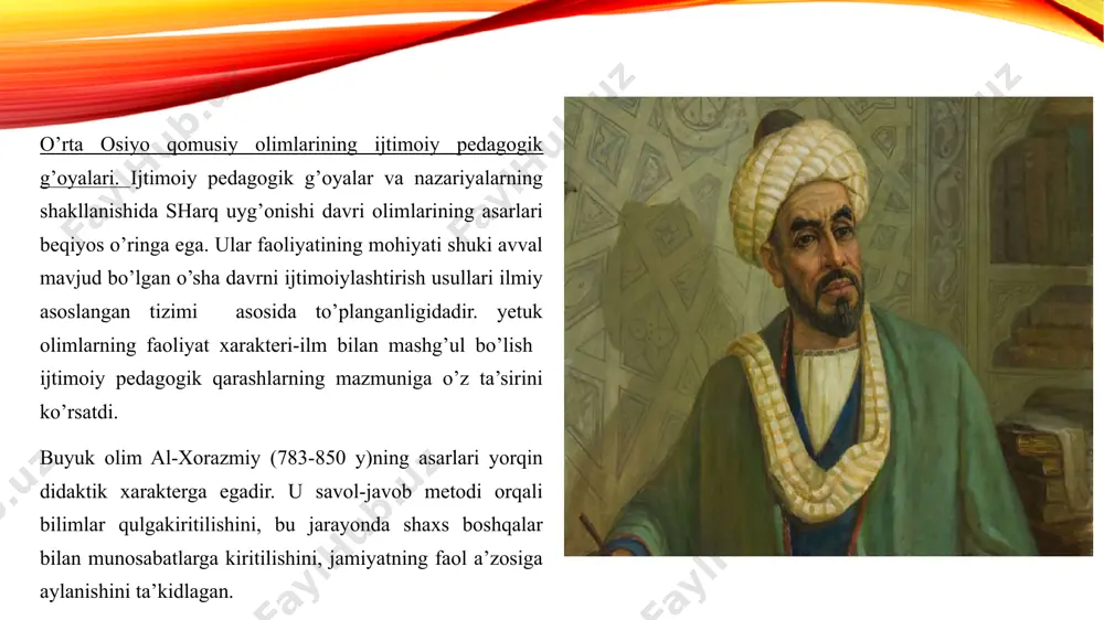 asosiy maqsadi deb yaxshi odam qilib tarbiyalash, unga yetishish vositasi deb esa qattiqqo’llik, doimiy mehnatga o’rgatish deb bilishgan. zarnujiyning yusuf xos xojibning “qutadg’u bilig” asari o’rta osiyoda “ta’limda o’quvchiga pandlar” kitobi markaziy osiyoda pedagogikadan birinchi kitob hisoblanadi? e’tiboringiz uchun rahmat! image2.png image3.jpeg image4.jpeg image5.jpeg image6.jpeg image7.jpeg image8.jpeg image9.jpeg image1.png /docprops/thumbnail.jpeg