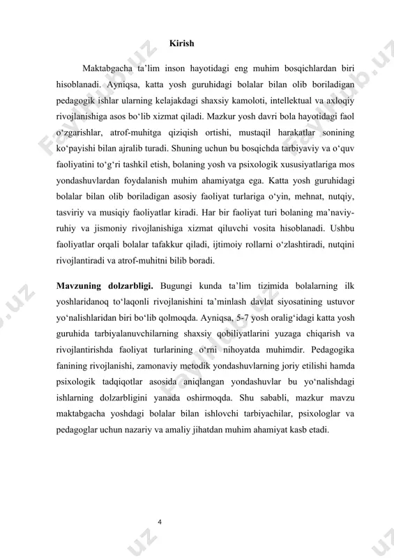 ishtirokida amalga oshiriladigan oddiy ishlar: gul ekish, o‘yin maydonchasini tozalash va hokazo). mehnat faoliyatining bola rivojlanishiga ta’siri: jismoniy rivojlanish – bola harakat qiladi, harakatlarni muvofiqlashtirishni o‘rganadi; aqliy rivojlanish – narsalarni farqlash, tartibga solish, vazifani anglab bajarish orqali fikrlash faollashadi; axloqiy tarbiya – mehnat qilish, jamoada ishlash, kattalarga yordam berish orqali mas’uliyat va hurmat tuyg‘usi shakllanadi; tarbiyachining roli. tarbiyachi bolalarni mehnatga jalb etishda ularning yosh xususiyatlarini hisobga olib, har bir topshiriqni o‘rgatuvchi, tarbiyaviy va qiziqarli shaklda tashkil etishi zarur. shuningdek, mehnatga nisbatan ijobiy munosabat shakllanishi uchun bolalar rag‘batlantirilib, natijadan mamnun bo‘lishlariga sharoit yaratiladi. tasviriy faoliyatlar kichik yosh guruhida bolalarning ijodiy qobiliyatlarini rivojlantirishda muhim o‘rin tutadi. rasm chizish, bo‘yash, yelimlash, shakllardan kompozitsiya tuzish bolalarning mayda motorikasini, tasavvurini va estetik didini rivojlantiradi. ushbu faoliyat turi bolalarning ichki dunyosini aks ettirish, kayfiyatlarini ifodalash imkonini beradi. shu bilan birga, bolalarga ranglar, shakllar, o‘lchamlar haqida dastlabki tushunchalar beriladi. kichik guruhdagi bolalar oson va sodda tasviriy harakatlarni …
