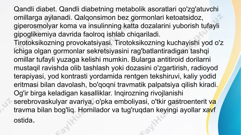 rini tiklash bo'yicha umumiy chora-tadbirlarni, shuningdek, kasallikning dekompensatsiya holatini bartaraf etishni o'z ichiga oladi. shoshilinch tibbiy yordam kasalxonagacha bo'lgan bosqichda amalga oshiriladi va suv va elektrolitlar muvozanatini tiklashga, nafas olish va yurak faoliyatini saqlashga qaratilgan. tashxisni tasdiqlaganidan so'ng, quyidagi komponentlarni o'z ichiga olgan individual davolash sxemasi ishlab chiqiladi: antitiroid terapiyasi. triiodotironin va tiroksin darajasini normal holatga tushirish uchun protseduralar o'tkaziladi. bemorlarga tireostatiklar, yodidlar va beta-blokerlar buyuriladi. dori-darmonlarni davolash samarasiz bo'lsa, qondan t3 va t4 ni olib tashlash uchun plazmaferez yoki gemosorbsiya qo'llaniladi. tana funktsiyalarini tiklash. barcha bemorlarga glyukoza eritmasi va natriy xlorid eritmasi bilan infuzion terapiya buyuriladi. ushbu protseduralar suvsizlanishni bartaraf qiladi va elektrolitlar darajasini normallantiradi. arterial gipertenziya antihipertenziv dorilar, gipotenziya vazopressor dorilar bilan, yurak-qon tomir etishmovchiligi yurak glikozidlari bilan davolanadi. og'ir ahvolda bo'lgan bemorlarga kislorodli terapiya va sun'iy shamollatish kerak bo'lishi mumkin. birgalikda bo'lgan kasalliklarni bartaraf etish. shu bilan birga, inqirozni qo'zg'atadigan va saqlaydigan patologik sharoitlarni davolash amalga oshiriladi. …