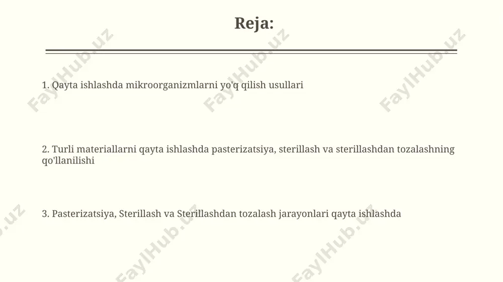 adan sporalarni yo'q qiladi, lekin ba'zi mahsulotlarning kimyoviy tarkibini o'zgartirishi mumkin. pasterizatsiya, sterillash va desterillashning qayta ishlashdagi ahamiyati sterillash, 121°c da 15 daqiqa davomida avtoklavlash orqali, qayta ishlangan materiallardan patogen mikroorganizmlarni butunlay yo'q qiladi, sog'liq uchun xavfsizlikni ta'minlaydi. desterillash esa, sterillashdan keyin, ma'lum bir sharoitda mikroorganizmlarni qayta kiritish jarayoni bo'lib, qayta ishlangan materialning biologik faolligini tiklashda ishlatilishi mumkin. desterillash: ta'rifi va qayta ishlashdagi o‘rni qayta ishlashda desterilizatsiya, 60-80°s haroratlarda issiqlik bilan ishlov berish orqali, bakteriyalar va zamburug‘larning faolligini susaytiradi va xavfsizlik darajasini oshiradi. desterilizatsiya jarayoni, qayta ishlangan materiallarning 90% dan ortig‘ini keyingi foydalanishga yaroqli qilib, chiqindi miqdorini sezilarli darajada kamaytiradi. pasterizatsiya jarayoni va uni qayta ishlashga tatbiqi qayta ishlangan plastik buyumlarni pastörizatsiya qilish, 60-80°c haroratda ma'lum vaqt davomida saqlash orqali, mikroorganizmlarning ko'payishini to'xtatib, qayta ishlash jarayonini xavfsizlashtiradi. 50-60°c haroratda pastörizatsiya qilingan qog'oz qoldiqlarida namlik miqdori kamayib, qayta ishlashga tayyorlash jarayoni tezlashadi va energiya tejaladi. e'tiboringiz uchun rahmat @taqdimot_robot image2.jpg image3.jpg …