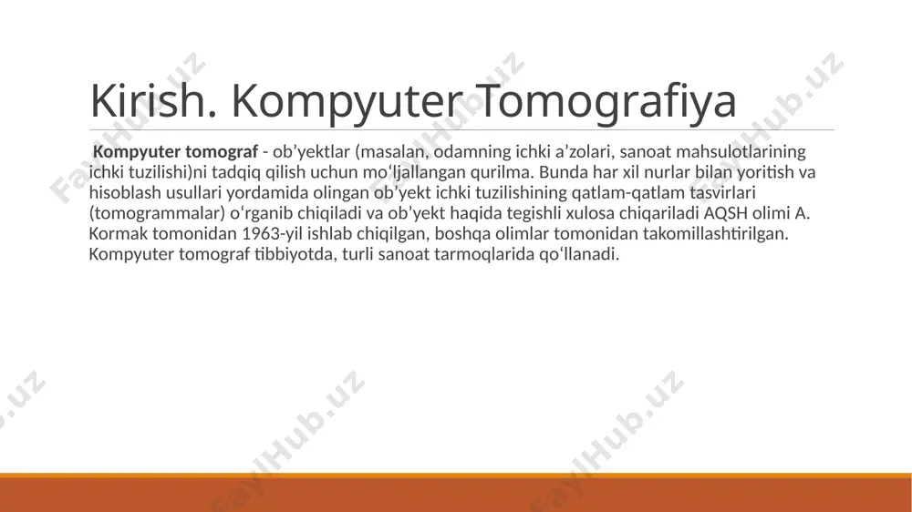 m berish magnit-rezonans tomografiya magnit-rezonans tomografiya - yadro magnit-rezonans hodisasi yordamida ichki organlar va to’qimalarni o’rganish uchun tomografik tibbiy tasvirlarini olishning bir usuli hisoblanadi. usul atom yadrolarining elektromagnit javobini, odatda vodorod atomi yadrolarining javobini o’lchashga asoslangan. ya’ni bunda yuqori kuchlanishdagi doimiy magnit maydonda muayyan elektromagnit to’lqinlar ta’siri tufayli yadrolarning qo’zg’alishi qayd etiladi. magnit-rezonans tomografiya yaratishada muayyan hissani asl kelib chiqishi armanistonlik bo’lgan amerika olimi raymond damadian ham qo’shgan, u mrt tamoyillarini birinchilardan bo’lib o’rgangan, mrt patenti egasi va birinchi tijorat mrt skaneri yaratuvchisi hisoblanadi. tomografiya bosh miya, orqa miya va boshqa ichki organlarning yuqori sifatli tasvirini beradi. zamonaviy mrt texnologiyalar organlar faoliyatini tadqiq qilishni noinvaziv (jarrohlik aralashuvisiz) o’rganishga imkon yaratadi, xususan: qon oqimi tezligini o’rganish; orqa miya suyuqligi oqimini o’rganish; to’qimalarda diffuziya darajasini aniqlash; turli a’zolar faoliyati davomida miya po’stlog’ining faolligini kuzatish (funktsional mrt yoxud fmrt) . 3-rasm. magnit-rezonans tomografiya bilan olingan sog'lom inson miyasining ko'ndalang kesimli t1 vaznli mri …