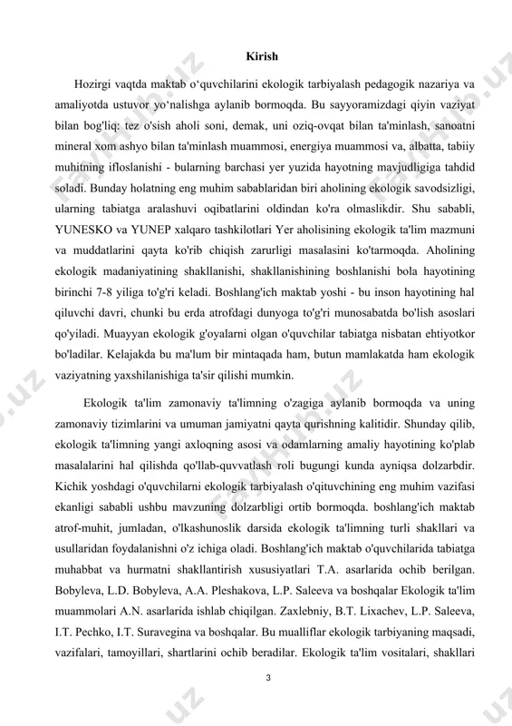 arur. ekologik ta'lim jarayonining mazmuni va tuzilishini rivojlantirishning asosiy zamonaviy ilmiy-metodik yondashuvlari aksiologik, madaniy, faollik, kompetentsiyani o'z ichiga oladi. ekologik ta'limga aksiologik yondashuv bu, bolalarda tabiatning bir qismi sifatida tabiatga, odamlarga va o'zlariga qadrli munosabatni anglash zarurati va qobiliyatini shakllantirishni o'z ichiga oladi. 1.1. o`quvchilarni ekologik tarbiyalashning tarixiy jihati ekologik tushunchalarni, murakkab global, mintaqaviy va mahalliy ekologik muammolarni chuqur va doimiy tushunish uchun ularning tarixiy jihati ayniqsa muhimdir. b.t.ning so‘zlariga ko‘ra. lixachevning so'zlariga ko'ra, shaxsiyat ekologiyasi "20-asrning oxiri voqeliklari tomonidan ilgari surilgan, global xususiyatga ega bo'lib, er yuzidagi hayotga tahdid soladigan muammodir. ammo uning kelib chiqishi uzoq, insoniyat tarixida chuqur ildiz otgan, borliqning ma'nosi, burchlari va huquqlari haqidagi g'oyalardir. falsafiy-pedagogik g`oyalar tarixida, ta`lim va tarbiya tizimlarida ta`lim mazmunini kosmik birlik nuqtai nazaridan qurishga bir necha bor urinishlar bo`lgan. tabiiy muvofiqlik printsipi rasmiy maqomga ega bo'lishiga qaramay, bu haqda aniq tushuncha yo'q edi. hozirgi vaqtda ekologik ta'lim muammolari bo'yicha ishlar davom …