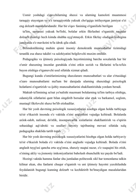 lada o'zini anglash tuyg'usi qancha erta uyg'onsa, shaxeiy nuqtai nazar, o'z xuquqini his etish, o'zining akliy va jismoniy imkoniyatlarini baholash shunchalik tez paydo bo'ladi. hozirgi vaktda hamma fanlar shu jumladan politexnik sikl har tomonlama talkin kilinar ekan, shu fanlarni chuqur o'rganish va uni ijtimoiy hayotni yaxshilashda foydalanish bugungi kunning dolzarb va kechiktirib bo'lmaydigan masalalaridan biridir. uzbekistondagi shu sohada kishilarning qarashlari, psixologik olimlarning olib borayotgan va olib borilishi rejalashtirilgan ilmiy-amaliy yunalishidagi barcha tadkiqotlarning qimmatli ahamiyati juda kattadir. shuning bilan barcha yosh avlod ta'lim -tarbiyasining bugun va ertangi kun talablari uchun zarurdir. urta umumta'lim sharq mutafikkirlarida ilg'or g'oyalar-yosh avlodni aqliy va jismoniy jihatdan etuk, ma'rifatli, bilim va hunarlarni egallagan, odob-axloq qoidalarini o'ziga mujassamlangan go'zal didli va zavqli qilib etishtirishdir. avloddan avlodga og'zaki ijod va yozma adabiyotlar vositasida ommalashadi. yosh vlodni hayotga tayyorlashda ko'p aerlar davomida ko'llangan usul va vositalari tadbir va shakllar, o'ziga xos urf-odati va an'analari, tarbiya xaqida g'oyalari va hayotiy …