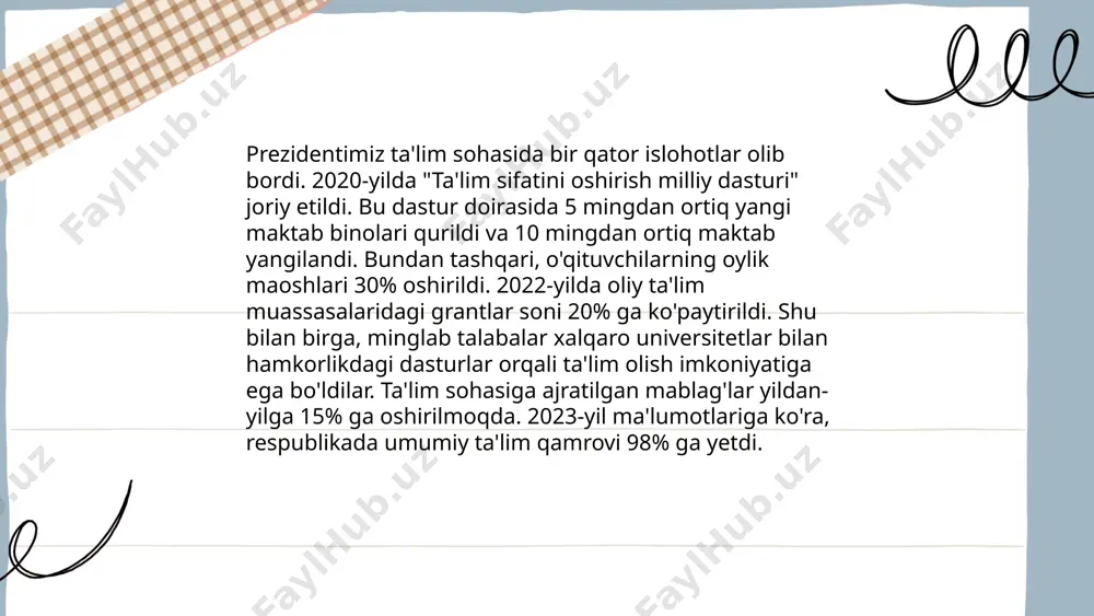 texnologiyalari universiteti singari muassasalar turli reytinglarda ishtirok etgan. biroq, o‘zbekiston oliy ta'lim muassasalari hali reytingda eng yuqori mavqe'dagi universitetlar qatoriga kira olmagan. reyting mezonlariga ta'lim sifatini, ilmiy izlanishlar mavzularining tarqalishini, xalqaro miqyosda tan olinishi va xalqaro talabalar hamda o‘qituvchilar ulushi kiradi. o‘zbekiston oliy ta'lim tizimi reytingni oshirish uchun global miqyosda raqobatbardoshligini kuchaytirishi lozim. ... t.me/slaydai_bot bugungi kunda o'zbekistonda yoshlar uchun ta'lim imkoniyatlari sezilarli darajada kengaytirilmoqda. raqamli texnologiyalarni o'qitishga katta e'tibor qaratilmoqda, bu esa yangi avlodni global mehnat bozoriga tayyorlashda muhim rol o'ynaydi. oliy ta'lim qamrovini oshirish maqsadida mamlakatda 132 dan ortiq universitet va institutlar faoliyat olib boradi. 2023 yilda davlat grantlari asosida ta'lim olish imkoniyatlari 30% ga oshirildi. shuningdek, maktabgacha ta'lim qamrovi 75% dan ortiq darajada ta'minlanmoqda. malakali o'qituvchilarni tayyorlash va ularni rag'batlantirish uchun esa byudjetdan ajratilgan mablag' 2019 yilga nisbatan 40% ga oshdi. bularning barchasi yoshlarga yanada keng ko'lamli ta'lim olish imkonini yaratishga qaratilgan. o'zbekiston respublikasida ta'lim sohasida amalga …