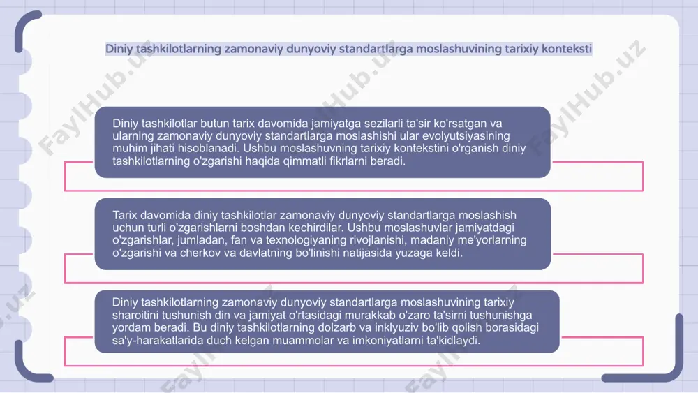 lashuvining huquqiy oqibatlari diniy tashkilotlarning zamonaviy dunyoviy standartlarga moslashuvining ta'siri katta huquqiy oqibatlarga olib kelishi mumkin. bu oqibatlar diniy erkinlik masalalaridan tortib, qonun ostida kamsitish va teng munosabatga qadar bo'lishi mumkin. diniy tashkilotlar zamonaviy dunyoviy standartlarga moslashganda, ular bandlik, uy-joy va jamoat joylari kabi sohalarni tartibga soluvchi murakkab huquqiy asoslarni boshqarishi kerak bo'lishi mumkin. bu diniy huquqlar bilan shaxslar va jamoalar huquqlarini sinchkovlik bilan muvozanatlashni talab qilishi mumkin. shuningdek, diniy tashkilotlar o'zlarining diniy e'tiqodlari yoki urf-odatlariga zid bo'lishi mumkin bo'lgan qonunlarga rioya qilishlari kerak bo'lganda ham huquqiy oqibatlar paydo bo'lishi mumkin. bu ta'minlanishi kerak bo'lgan diniy imtiyozlar va turar joy miqdori haqida savollar tug'dirishi mumkin. diniy tashkilotlarning zamonaviy dunyoviy standartlarga moslashuvining ijtimoiy oqibatlari diniy tashkilotlar zamonaviy dunyoviy standartlarga tobora ko'proq moslashmoqda, bu esa muhim ijtimoiy ahamiyatga ega. ushbu moslashuv diniy jamoalar ichida ko'proq qabul va inklyuzivlikka, shuningdek, kengroq jamiyat bilan yanada ochiq muloqotga olib kelishi mumkin. biroq, bu o'zgarishlarga qarshilik …