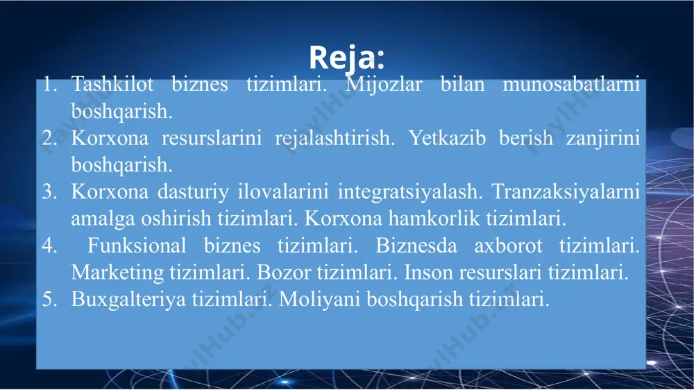 yalari yordamida amalga oshiriladigan biznes yuritish shakli. elektron biznesning asosiy tarkibiy qismlariga kompaniyani yagona axborot tarmog'i (intranet) asosida tashkil etish, yani ichki sohani va tarmoqlar va internet orqali sheriklar, etkazib beruvchilar va mijozlar bilan tashqi o'zaro aloqalar (extranet) kiradi. xx asrning 60-yillaridan boshlab kompaniyalar faoliyatida elektron biznes elementlari paydo bo'ldi. avtomatik biznes tizimlar: elektron ma'lumotlar almashinuvi (electronic data interchange. edi) pul mablag'larini elektron o'tkazish vositalari (elektron pul o'tkazmalari, eft) korxona resurslarini rejalashtirish (enterprise resource planning, erp) vositalari. elektron biznesning asosiy turlariga quyidagilar kiradi: • savdo maydonchalari (internet birjalar, kim oshdi savdolari, tovar va xizmatlar kataloglari); xaridlarni elektron boshqarish; portallar (korporativ, axborot, tijorat, shaxsiy); jamoat global tarmoqlarni tashkil etish, ularga xizmat ko'rsatish (tarmoq operatorlari tomonidan amalga oshiriladi); moliyaviy xizmatlar (internet to'lov tizimlari, valyuta ayirboshlash shoxobchalari, internet-bank, onlayn savdo); investitsiya fondlari (birlashtirilgan investitsiya fondlari yoki bufer fondlari va o'zaro fondlar); internet-do'konlar; kontent loyihalari (reklama biznesini yuritish maqsadida tashrif buyuruvchilarni jalb qilish uchun …