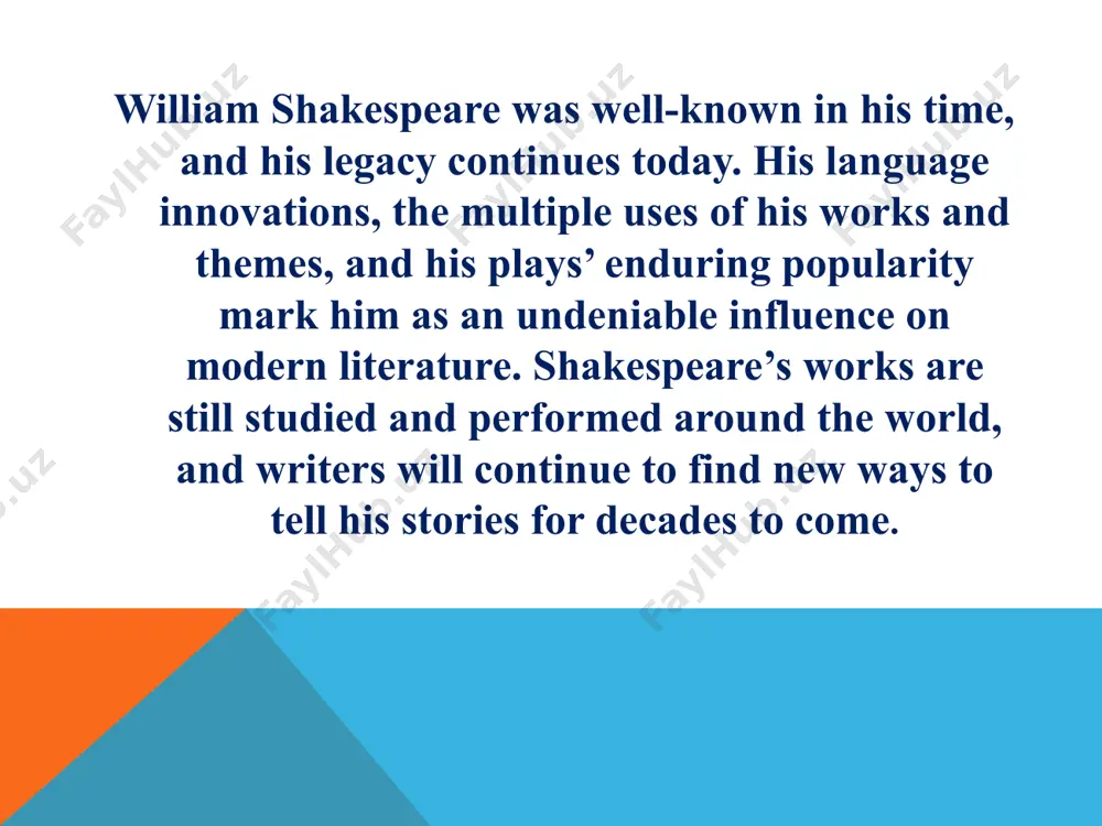 tal, today by transforming nouns into verbs, adjectives into verbs, and in some cases, entirely new words spread over all of his published works. phrases such as "fight fire with fire" or "wear your heart on your sleeve" and the words "suspicious," "lonely," and "critic" are just a few examples of the things shakespeare contributed to the english language. shakespeare is usually credited with creating 1700 of the english words that are still in use today by transforming nouns into verbs, adjectives into verbs, and in some cases, entirely new words. he was able to build the layers of meaning that have made him such an enduring writer in part because he was intimately aware of how the early modern english language that he grew up with was changing. thank you for your attention! image3.jpeg image4.jpg image5.jpg image6.jpg /docprops/thumbnail.jpeg