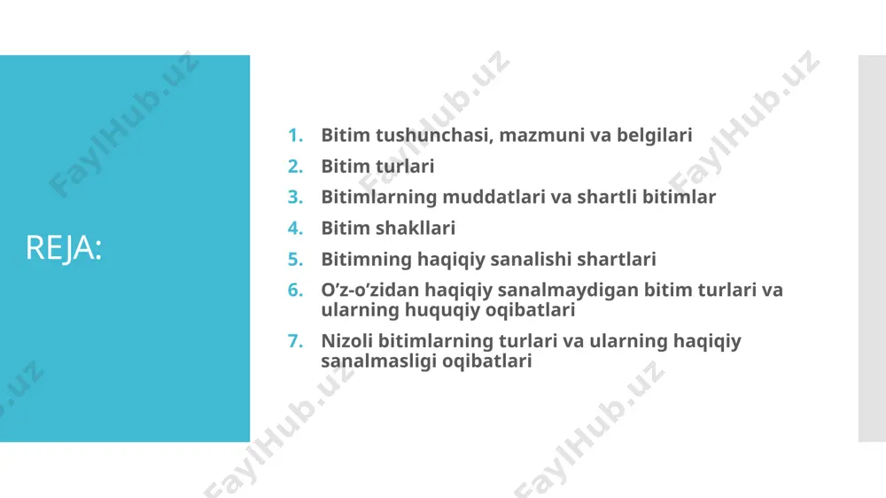 , ishni bajarish, bironta xizmat ko’rsatish singari harakatlarni qilish majburiyatini oladi. haq baravariga tuziladigan bitimlarga qarshi (muqobil) ijro nazarda tutiladigan bitimlar oldi-sotdi, ayirboshlash, pudrat, sug’urta kabi birmuncha shartnomalardir, chunki ularda tomonlardan har biri qarshi tomon faoydasiga bironta harakat qiladi. masalan, sotuvchi pul evaziga ma’lum mulkni topshiradi. tekin, ya’ni haq to’lanmay tuziladigan bitimlar asosida tomonlardan birigina ikkinchi tomon foydasiga biron-bir harakat qilish majburiyatini oladi. bu yerda qarshi (muqobil) ijro yo’q. masalan, hadya, foizsiz qarz, mulkdan tekin foydalanish (ssuda) to’g’risidagi shartnomalarni ko’rsatish mumkin. 3. bitimlar qay paytdan e’tiboran tuzilgan deb hisoblanishiga ko’ra konsensual va real bitimlarga bo’linadi. konsensual bitim deb huquq va majburiyatlarni o’zaro kelishish va bunday kelishuvni lozim tartibda rasmiylashtirish paytda vujudga keltiradigan bitimga aytaladi. mulk ijarasi, mahsulot yetkazib berish, pudrat, kontraktasiya singari shartnomalar konsensual bitim hisoblanadi. real bitim deb o’zaro kelishuvga muvofiq ashyolar yoki pulni topshirish paytida huquq va majburiyatni vujudga keltiradigan bitimga aytiladi. real bitimlarga misol qilib, qarz, omonat, …