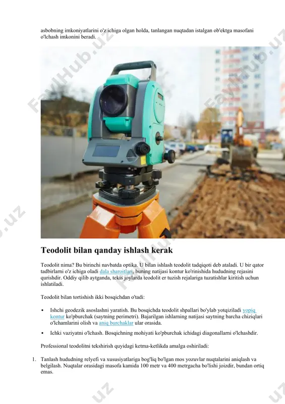alashadigan omillardan tozalanadi. 4. burchaklar va chiziqlarning teodolit o'lchovi. 5. diagonallarni otish (vaziyatlar). xulosa eng samarali geodezik asboblar gps tizimi bilan jihozlangan elektron asboblardir. navigatsiya teodoliti nima? bu sizga o'lchangan nuqtalar orasidagi marshrutlarni tez va yuqori aniqlik bilan yotqizish imkonini beradi. va ularni haqiqiylarga bog'lang topografik xaritalar er. qurilish maydonchalarida geodezik o'lchovlar darajalar, teodolitlar, po'lat o'lchov lentalari, lenta o'lchovlari bilan amalga oshiriladi. darajali nuqtalarning nisbiy balandligini aniqlash uchun ishlatiladi. darajaning asosiy qismlari teleskop bo'lib, u orqali relslar bo'ylab o'qishlar amalga oshiriladi va silindrsimon sath, uning yordamida teleskopning ko'rish o'qi gorizontal holatga keltiriladi. ikki turdagi darajalar mavjud: kar va qatlamli quvurli darajalar. kar darajalari (261) ishlashda qulay va ishonchli bo'lib, ular qurilish-montaj ishlarida eng ko'p qo'llaniladi. quvurning tanasi / va sathning silindrsimon darajasi uchun quti 3 birgalikda quyiladi va gilzada aylanadigan o'qga biriktiriladi. silindrsimon sathi prizmatik blokga ega bo'lib, uning yordamida sath pufakchasi tasviri okulyar 4 yonida joylashgan lupaning ko'rish maydonida …