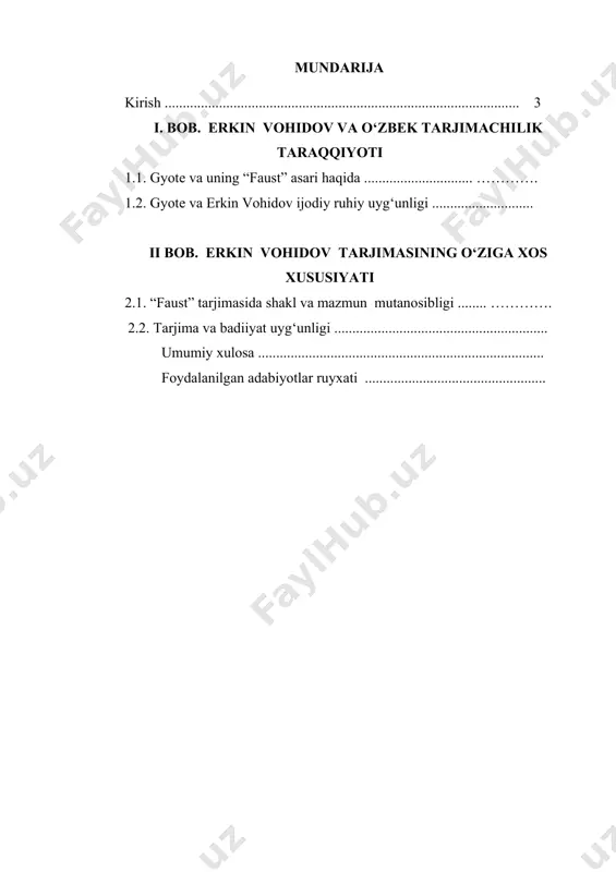 ek tiliga tarjima qilinishi deb aytish mumkin. “faust” asari jahon adabiyotining eng muhim masalalari xususida bahs yuritadigan buyuk asardir. bu asarning o‘zbek tiliga mahorat bilan o‘girilishi xalqimizning ma’naviy erishgan yutug‘laridan biri bo‘lib, shoir ijodining ana shu qirrasi yuzasidan, aytarli biror tadqiqot qilinmagan.. bitiruv malakaviy ishining mavzusiga ana shu talab va mezonlar nuqtai nazaridan qaraganda uning dolzarb ekanligi yaqqol namoyon bo‘ladi. mavzuning o‘rganilganlik darajasi. o‘zbek adabiyotshunosligida adabiy aloqa va o‘zaro ta’sir masalalarining muhim ko‘rinishidan biri hisoblangan badiiy tarjimachilikning o‘ziga xos xususiyatlari, o‘zbek adabiyotida tarjimachilik taraqqiyotining bosqichlari haqida va umuman, uning adabiyotimiz rivojidagi o‘rni xususida ayrim fikr mulohazalar bildirib o‘tilgan. badiiy tarjimachilik bugungi kunda ham dolzarblik xususiyat kasb etib kelmoqda. jahon adabiyotining nodir namunalarining o‘zbek tiliga o‘girilishida abdulla qahhor, abdulla oripov, m. shayxzoda, o.sharafidinov, jamol kamollar bilan bir qatorda e.vohidovning tarjimonlik faoliyati muhim o‘rin tutadi. o‘zbek adabiyotshunosligida badiiy tarjimachilik haqidagi v.abdullayev, v.zohidov, o.sharafiddinov, n.mallayev, n.komilov, g‘.salomov va boshqalarning tadqiqotlarida qiziqarli ma’lumotlar berib …