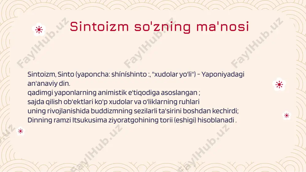 dimgi imperatorlar hukmronligi davridagi voqealar haqidagi hikoyalar afsonalar to'plamini yakunlaydi. sintoizm shakllari ma'bad sintoizmi imperator saroyining sintoizmi davlat sintoizmi sektantlik sintoizm xalq va uy shintoizmi ma'bad sintoizmi shrine sintoizmi sintoizmning eng keng tarqalgan shaklidir. sintoizmning boshidanoq turli kamilarga bag'ishlangan ziyoratgohlar qurilgan. 20-asr boshlariga kelib, ziyoratgohlar soni 200 000 ga yetdi, ammo hozirda yaponiyada 80 000 ga yaqin sintoizm ziyoratgohlari mavjud. ba'zi milliy shinto markazlari, lekin eng individual kami bag'ishlangan nisbatan kichik mahalliy ziyoratgohlar bor . ma'badda marosimlarni o'tkazadigan ruhoniy va, ehtimol, bir qator doimiy xizmatchilar bor. kichkina ziyoratgohlarda ziyoratgohni saqlash, ziyoratgoh bayramlari va xizmatlarini o'tkazish bilan bog'liq barcha ishlarni cherkov a'zolari o'zlari bajaradilar. imperator saroyining sintoizmi sintoizmning bir qator marosimlari faqat imperator saroyida joylashgan uchta ziyoratgohda o'tkaziladi. markaziy imperator ziyoratgohi kashiko-dokoro bo'lib , imperator oilasining mifologik ajdodiga bag'ishlangan. afsonalarga ko'ra, amaterasuning nabirasi ninigi -no- mikoto , amaterasu ruhini ifodalovchi muqaddas oynani sovg'a sifatida oldi. keyinchalik ko'zgu ise ziyoratgohiga qo'yildi va …