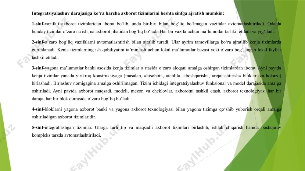 yaratishda quyidagi talablarga amal qilinadi: «do‘stonalik», «egiluvchanlik», «samaradorlik». «do‘stonalik» deganda, foydalanuvchini muloqot tartibida qulay va oson ishlashi tushuniladi. bunda tizimga maksimal kirish imkoniyati yaratiladi. hech qanday muammolarsiz turli sharoitlardan oson chiqib ketish yo‘llarini ko‘rsatuvchi ma’lumotlar bilan to‘ldirilishi lozim. hujjatlar odatdagi ko‘rinishda, ular bilan ishlash murakkab bo‘lmasligi kerak. «egiluvchanlik» deganda, yangi xarakteristikalar, belgilar kiritish yoki o‘zgartirish imkoniyati nazarda tutiladi. masalan, ekran rangini yoki hujjat ko‘rinishini o‘zgartirish. «samaradorlik» deganda, muomala qilingandan boshlab yakuniy natijani olish uchun ketgan vaqt tushuniladi. bu uch ko‘rsatkich aijda quyidagi uch asosiy funksiyani amalga oshirishni ta’minlaydi: matnlarni ekranda qayta ishlash; shakllarni ekranda qayta ishlash; ish grafikasini ekranda qayta ishlash. foydalanuvchilar va ular yechadigan masalalar mazmuniga mos axborotlar bilan ta’minlashni aijning axborot ta’minoti amalga oshiradi. tashkiliy boshqaruvda foydalanuvchilar shartli ravishda uch kategoriyaga qarab quyidagilarga ajratiladi: rahbarlar, mutaxassislar va xizmat ko‘rsatuvchi xodimlar. turli kategoriya foydalanuvchilari uchun yaratiladigan aijda ma’lumotlardan foydalanish turlicha. misol uchun, xizmat ko‘rsatuvchi xodimlar, odatda, tashkilotning ichki ma’lumotlari …