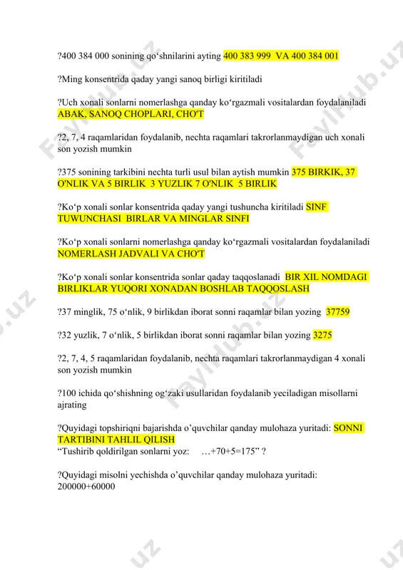 ogʻzaki hisoblash mumkinmi yoq ?9999+9999 va 63003+13004 ifodalar qiymatini hisoblamasdan taqqoslash mumkinmi ha ?4096+5267+2307+625 va 3805+6341+1911+216 ifodalar qiymatini hisoblamasdan taqqoslash mumkinmi yoq ?600 + 4; 230 + 5; 300 + 40; 608 + 20; 403 - 3; 238 - 8; misollarni yechishda 1000 ichida qoʻshish va ayirishning qaysi ogʻzaki usullaridan foydalaniladi soning o'nlik yozuviga asoslangan usullar ?720 + 60 = (700 + 20) + 60 = 700 + (20 + 60) misolni yechishda 1000 ichida qoʻshishning qaysi ogʻzaki usullaridan foydalaniladi yigindiga soni qoshish ?150 - 30 = (100 + 50) - 30 =100 + (50 - 30) misolni yechishda 1000 ichida ayirishning qaysi ogʻzaki usullaridan foydalaniladi yigindidan sonni ayirish ?150 - 70 = 150 - (50 + 20) = (150 - 50) - 20 misolni yechishda ayirishning qaysi qoidalaridan foydalaniladi sondan yigindini ayirish ?380 + 60 = 380 + (20 + 40) = (380 + 20) + 40 =400+20=420 misolning …