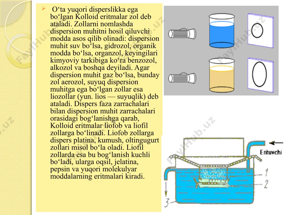 moddaning molekulyar og’irligini xisoblab topish mumkin: m=4/3 πr3ρn kolloidlarning optik xossalari. optik xossalariga: yorug’likning kolloid eritmalarda tarqalishi, kolloid eritmalarning rangi, yorug’likning kolloidlarga yutilishi, ultramikroskop, elektromikroskopik va rentgenografik xossalari kiradi. rangi: yorug’lik nuri qismlarining yutilish xossasi bilan difrakstiya ya’ni yorug’lik zarrachani o’rab o’tishi xodisasining birga qo’shilishi natijasida kolloid eritmada biror rang ҳosil bo’ladi. zollarning o’tayotgan yorug’likdagi rangi disperslik darajasiga, zarrachalarning ximiyaviy tabiatiga va shakliga bog’liq ҳolda o’zgaradi. masalan: kumush zoli dispers darajasiga ko’ra rangi. kolloid sistemalarning faqat o`ziga hos bo`lgan hossalari: 1. optik hossasi - nurni sindirishi (faradey-tindal konusi) linzalar. yorug`lik manbayi. zol. kolloid sistemada yorug’lik yoyilishi: jism zarrachalarining o’lchamlari tushayotgan yorug’likning to’lqin uzunligidan ancha kichik bo’lsa yorug’likni yoyilishi kuzatiladi. shuning uchun kolloid sistemalar yorug’lik nuri bilan yoritilganda dispers faza zarrachalari tushayotgan yorug’lik nurlarini yoyib yuboradi. dispers sistemadan intensiv yorug’lik nuri o’tkazib sistemaga yorug’lik nuri yo’nalishiga nisbatan biror burchak bilan qaraganimizda sistema ichida yorug’ konusni ko’ramiz. bu xodisani faradey – tindal …