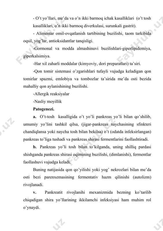 a’zolar shikastlanish darajasiga bog’liq bo’lib, qo’yidagi belgilar bilan ifodalanadi. -qorinning ustki yarmida simillab turadigan va sanchiqsimon og’riqlar bezovta qiladi. agar potologik jarayon asosan me’da osti bezi boshini zararlasa-og’riq epigastriya sohasining o’ng tomonida, aksariyat va tanasi shikastlansa-og’riq epigastriya sohasining chap tomonida, jarayon bez dumida rivojlansa-og’riq chap qobirg’a ostida joylashadi. og’riq ko’pincha belga beriladi va qamrab oluvchi xarakterda bo’lib, epigastriya sohasidan qobirg’a yoyi bo’ylab umurtqa pog’onasiga tarqaladi. og’riq gohida stenokardiyaga o’xshab chap kurakka, chap yelkaga yo’nalishi mumkin. og’riq aksari, ko’p miqdorda yog’li ovqat yoki ichkilikdan keyin paydo bo’ladi. og’riq davomiyligi-bir necha soatda bir necha kungacha. -despepsiya o’zgarishlari –ishtaha pasayishi yoki yo’qolishi, yog’li ovqatga nefrat, ko’ngil aynishi va qusish, so’lak oqishi, qorinning dam bo’lib turishi va quldirashi, kekirish surunkali panreatitda doimo kuzatiladi. -najasning xastalikka xos o’zgarishi-pankteatogen ich ketishi. surunkali pankreatitning yengil holatida naja deyarli o’zgarmaydi, ich surishining ich qotishi bilan almashinib turishi kuzatiladi. najas qo’llansa hidli, kulrang bo’tqasimon bo’lib, unda bir talay yog’ …