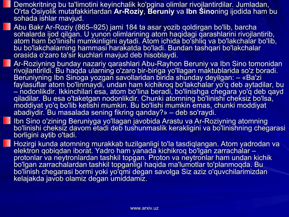 ashkil topishidan tashqari bu zarrachalar harakatda bo'lar ekan. xona sovub ketsa, undagi pechkaga o'tin yoki ko'mir yoqamiz. pechkaning og'zi berk bo'lsa-da, xona isiydi. pechkadagi issiqlik xonaning barcha burchaklariga qanday yetib boradi. bunda ham havo zarrachalarining harakat qilishi tufayli issiqlik uzatilar ekan. agar suyuqlikni tashkil etuvchi molekulalar harakatda bo'lmaganida, daryolar va ariqlarda suv oqmas edi. xo'sh, gazlarda, suyuqliklarda molekulalarning harakat qilishlariga ishonch hosil qildik. qattiq jismlarda ham zarrachalar harakatda bo’ladimi? buning uchun quyidagi tajribani ko'raylik (1-rasm). metalldan yasalgan shar olaylik. simdan shar tegib o'tadigan halqa yasaylik. halqa orqali sharni bir necha marta o'tkazib ko'ramiz. sharni qizdiramiz. shundan so'ng halqadan sharni o'tkazmoqchi bo'lsak, o'tmaydi. molekulalar harakati tufayli qizigan shar kengayib qolar ekan. shunday savol tug'iladi: moddalarni tashkil etgan zarrachalar harakati qanday? bu savolga javobni keyingi mavzuda ko’rasiz. molekulalar harakatini birinchi bo'lib kuzatgan odam ingliz botanigi robert broun edi. u 1827-yilda qurigan barglarni yaxshilab maydalab suyuqlikka soladi va mikroskopda kuzatadi. kuzatishlar shuni ko'rsatdiki, …