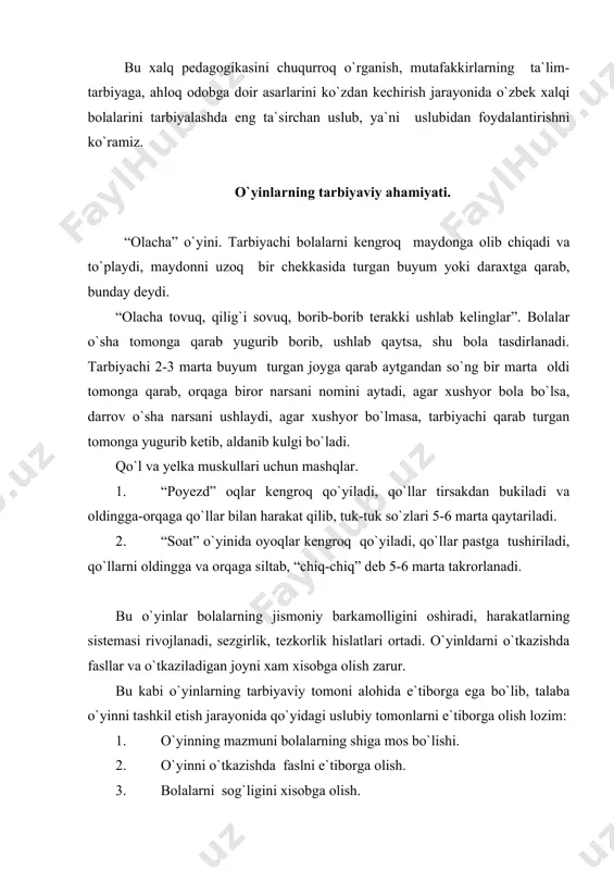sport o`yinlari qoidalariga so`zsiz yakunlanishini ta`minlaydi. qoidalar bo`lmaganida edi, o`yinni boshqarish yo`qqa chiqishi shubhasiz, o`yinlar ishtirokchilarning barchalari – yoshi-qaru bu tartibni tan oladilar va itoat qiladilar. o`yinda yutqazgan kishi o`z mag`lubiyatiga tan berib, navbatdagi o`yinni e`tilbor, sezgirlik bilan ijro etib, natijani o`z foydasiga hal qilishga intiladi. o`yinlar jarayonida bunday holatga uning har bir ishtirokchisi tushib qolishi shubhasiz. o`yin ishtirokchilarining amaliyoti natijasida harakatdagi. ziyraklikning aniqliq orta borishi o`ynavchilar mahoratini oshira boradi. milliy sportning olimpiya o`yinlaridan farq qiladigan bir jihati shundaki, bu o`yinlar bilan bolalarning jismoniy va aqliy rivojlanishlarini tug`ilgan kunidan boshlash mumkin. rivojlangan jarayoni bolaning tabiiy imkoniyatlarini to`laligicha ro`yobga chiqarishga qodir. fikrlash va jismoniy harakat xozirjavobligi keng xilma-xillikda, har bir sharoitning aynan o`ziga moslikda amalga oshirilishi zarur. hayotda ham. kasbkorga aloqador ishlarda, oilaviy turmushda ham bunday hozirjanoblik juda katta foyda keltiradi. halqimiz ochiq ko`lli, keng fe`llli va mehmondo`stligi bilan dunyoga mashhur. kechani kecha, kunduzni kunduz demay butun oilasi bilan mehnat qiladi, …