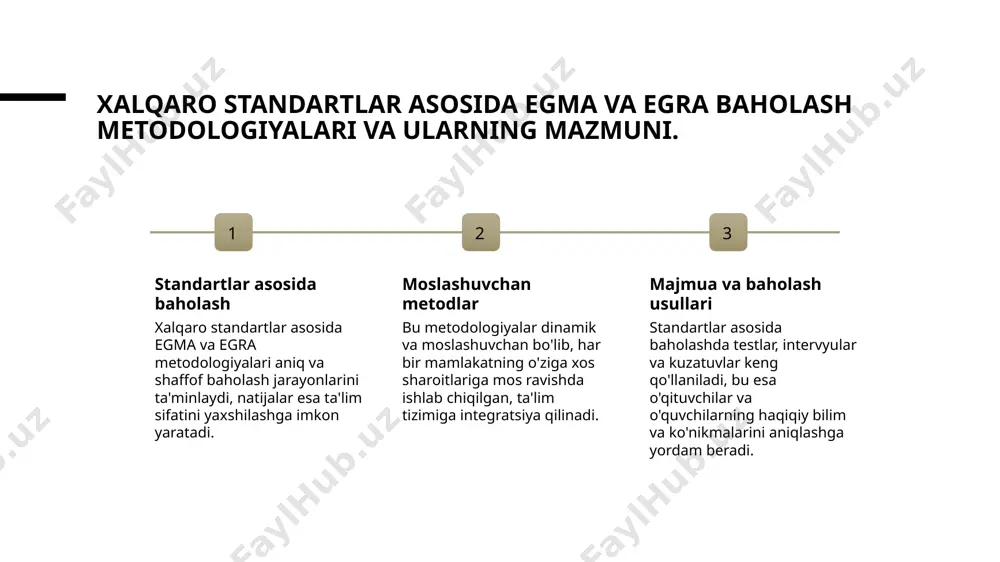 slashtirilgan baholash metodlari natijalarni aniqroq va adolatli baholash imkonini yaratadi. baholash jarayonlarida texnologiyalardan foydalanish: o'zbekiston tajribasi va imkoniyatlari. 1 integratsiya texnologiyalari o'zbekistonda baholash jarayonlariga raqamli texnologiyalar keng qo'llanila boshladi, bu esa baholash aniqligini va tezligini oshiradi. 2 innovatsion yondashuvlar elektron platformalar va mobil ilovalar yordamida o'qituvchilar va o'quvchilar uchun individual va interaktiv baholash imkoniyatlari yaratilmoqda. 3 kelajak imkoniyatlari texnologiyalar rivojlanishi bilan, onlayn baholash va sun'iy intellekt asosidagi tahlillar imkoniyatlari kengayib, tizim samaradorligini oshirmoqda. egma va egra natijalarini tahlil qilish va ularning ta'lim siyosatiga ta'siri. 1 tahlil jarayonlari - egma va egra natijalari ta'lim sifatining aniq ko‘rsatkichlarini beradi, bu esa davlat va mahalliy darajadagi siyosatlarni optimallashtirish uchun asos bo‘ladi. 2 ta'sir mexanizmlari - bu natijalar ta'lim siyosatining rivojlanish yo‘nalishlarini belgilaydi, o‘qitish metodlari va resurs taqsimotini samarali boshqarishga yordam beradi. 3 yangi imkoniyatlar - natijalarga asoslangan tahlil, innovatsion yondashuvlar va texnologiyalarni joriy etishga imkon yaratadi, ta'lim sifati va tenglikni oshirishda muhim rol …