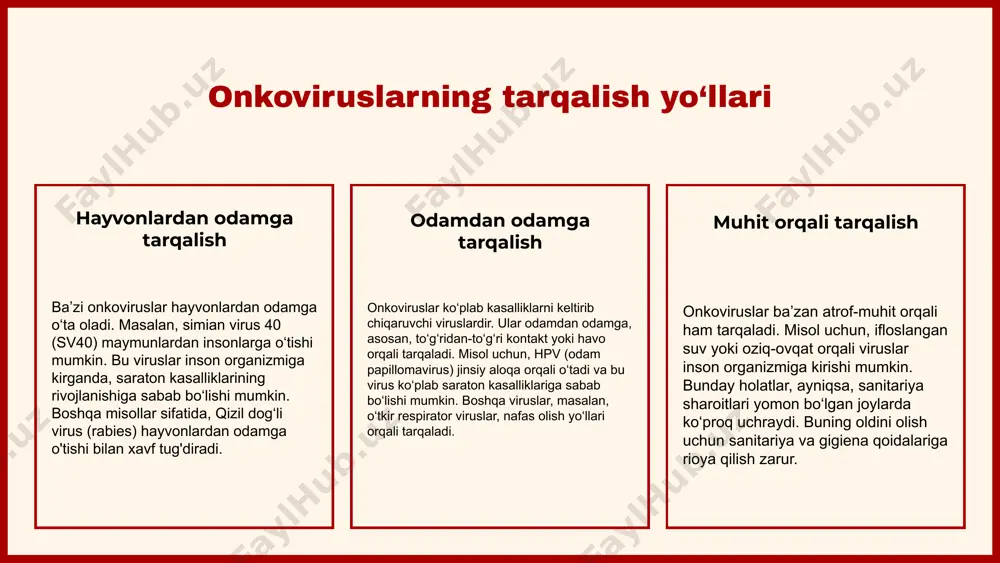 anligi. 3. imkoniyatlar: yangi davolash strategiyalari va biotexnologiyalarni rivojlantirish. 4. tahdidlar: onkogenlar bilan bog‘liq kasalliklarning ko‘payishi va ularning davolashdagi qiyinchiliklar. kanserogenezda onkoviruslarning roli kanserogenez jarayoni onkoviruslar o'sma hosil bo'lish jarayonida muhim rol o'ynaydi. ular hujayralarga kirib, genetik materialni o'zgartirib, o'sma rivojlanishiga olib kelishi mumkin. shuningdek, onkoviruslar hujayra tsiklini boshqaruvchi genlarning o'zgarishini keltirib chiqaradi. onkoviruslarning hujayra onkogenlariga ta'siri onkoviruslar, ayniqsa, hujayra onkogenlariga ta'sir etib, ularning faoliyatini kuchaytiradi. bu jarayonda onkovirusning genetik materialining hujayra genomi bilan birlashishi natijasida, o'sma hosil qiluvchi genlarning faollashishi ro'y beradi. natijada, onkogenlar o'sma hujayralarining ko'payishiga va ularning o'sishiga yordam beradi. onkoviruslarning tarqalishi va mexanizmlari onkoviruslar turli usullar bilan tarqaladi, masalan, kontakt, qon orqali yoki jinsiy aloqa orqali. ularning tarqalish mexanizmlari o'sma hosil qilish jarayoniga ta'sir etadi, chunki viruslar hujayralarga kirib, ularning biologik faoliyatini o'zgartirib, o'sma rivojlanishini qo'llab-quvvatlaydi. onkoviruslar va hujayra onkogenlari hujayra onkogenlarining turlari va funksiyalari hujayra onkogenlari – bu o'sma hosil qilishi mumkin bo'lgan genlar. ular …