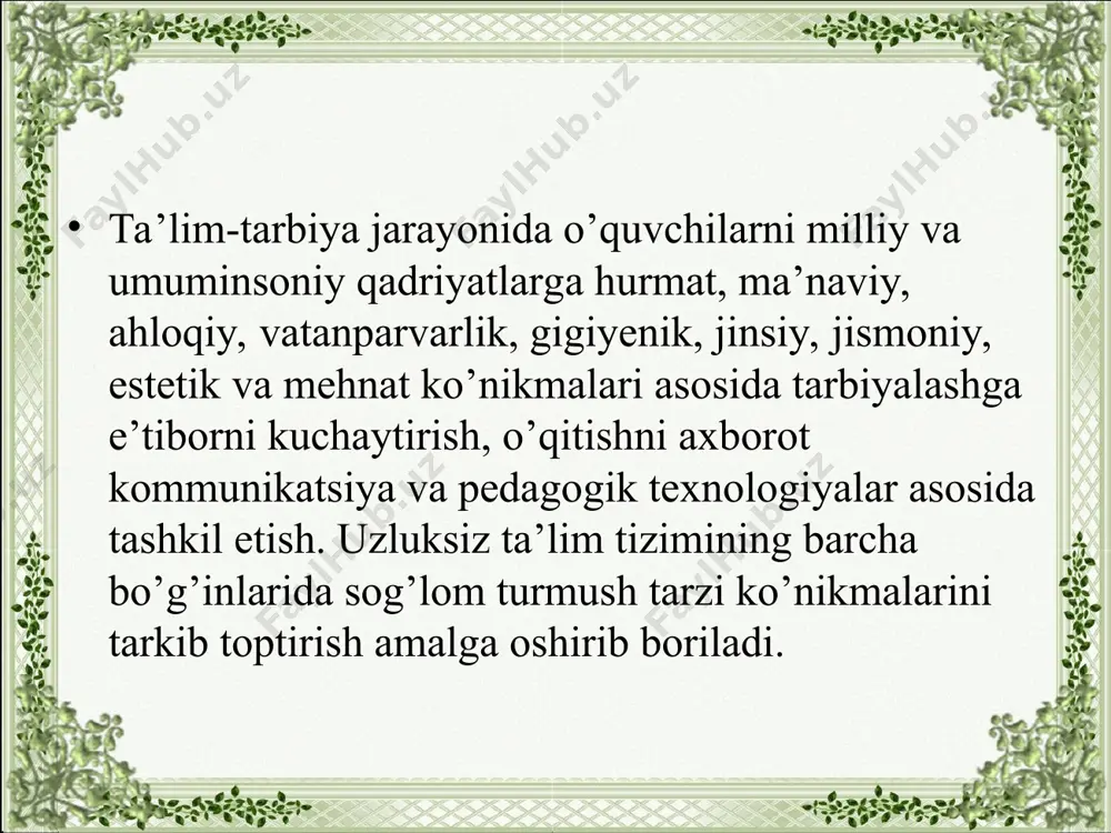 drlar tayyorlash milliy dasturi”, “ta’lim to’g’risida” gi qonun va boshqa shu kabi davlat me’yoriy hujjatlari asosida olib borishga erishish va h.k. sog’lom avlodni tarbiyalashda hech bir muhit oila bilan tenglasha olmaydi. oila turmush tarzining muhim omillari mavjud bo’lgan muhitdir. atrof-muhit, urf-odatlarda tan olingan me’yorlar va tartib - qoidalar o’smirning shaxs sifatida shakllanishiga katta ta’sir qiladi. biroq, oila bola tarbiyasiga alohida ahamiyat berishi kerak. o’smir oilada o’sib – ulg’ayadi, rivojlanadi, o’z his-tuyg’ulari va xatti – harakatlarini nazorat qilishni o’rganadi. oila bola dunyoqarashining kengayishiga ta’sir ko’rsatadi. bu davrda oila a’zolari o’rtasidagi o’zaro munosabatlarning yaxshi bo’lishi katta ahamiyatga ega bo’ladi. ota-onalar o’smirning kayfiyati, ahvoli va xulqi u yashab, usayotgan sharoitlarga bog’liq bo’lishini yaxshi bilishlari kerak. sog’lom turmush tarzi – bu insonning hayoti va salomatligi xavfsizligini ta’minlashga xizmat qiluvchi ko’nikmalarga ega bo’lishi asosida hayotiy faoliyatini yo’lga qo’yishi hamda salomatligining yuqori darajada bo’lishiga erishishni ta’minlovchi shakl bo’lib, u kun tartibiga rioya qilish, faol jismoniy harakat …