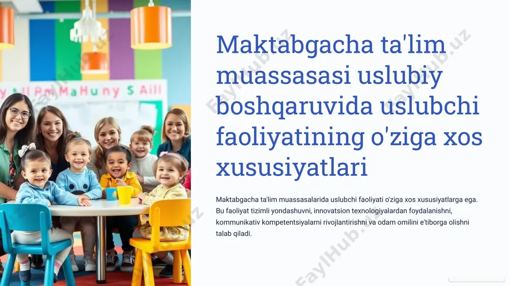 ubiy faoliyatni tashkil etish va pedagogik jamoani muvofiqlashtirish. 3 nazorat uslubiy ishlarning amalga oshirilishi va samaradorligini nazorat qilish. 6 uslubchi faoliyatida odam omili: innovatsion yondashuv ijodkorlik uslubchi yangi g'oyalar va yechimlarni izlab topishi, innovatsion yondashuvlarni joriy etishi lozim. liderlik uslubchi pedagogik jamoani motivatsiyalashi, ularni innovatsion faoliyatga undashi kerak. tahliliy fikrlash uslubchi maktabgacha ta'lim tizimidagi muammolarni keng ko'lamda tahlil qilishi va ularni hal etishga yo'naltirilgan echimlarni topishi lozim. 7 uslubchi faoliyatida kommunikativ kompetentsiyalarning ahamiyati til madaniyati uslubchining nutq madaniyatini yuksak bo'lishi muhim. pedagogik aloqadorlik uslubchi va pedagoglar o'rtasida samarali aloqador munosabatlarni o'rnatish. jamoaviy hamkorlik pedagogik jamoani birlashtirib, ularning hamkorligini ta'minlash. 8 uslubchi faoliyatining natijadorligini oshirishga yo'naltirilgan yondashuvlar pedagoglar malakasini oshirish doimiy ravishda pedagoglar malakasini oshirish orqali ta'lim-tarbiya sifatini yaxshilash. maktabgacha ta'lim sifatini nazorat qilish maktabgacha ta'lim muassasasidagi ta'lim-tarbiya sifatini doimiy monitoring qilib borish. innovatsion ishlanmalarni joriy etish zamonaviy pedagogik texnologiya va loyihalarni amalga oshirish. 9 maktabgacha ta'lim muassasalari uslubiy xizmatining samaradorligini …