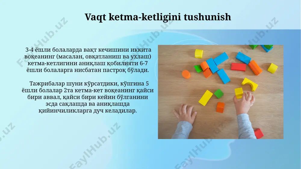 ёшдан бошлаб гувоҳ бўлиш мумкин. tilning vaqt tushunchalariga ta'siri tilning murakkabligi 3-5 yoshli bolalarda vaqt tushunchalarini shakllanishiga salbiy ta’sir ko‘rsatishi mumkin, chunki ular murakkab grammatik tuzilmalarni tushunishga qiynalishadi. yosh bolalarning vaqt haqidagi nutqida "bugun", "ertaga", "kecha" kabi oddiy vaqt belgilarining tez-tez ishlatilishi ularning vaqt tushunchalarini rivojlantirishga ijobiy ta’sir qiladi. vaqt oralig'ini aniqlash 3-5 ёшли болаларда вақт оралиғини аниқлашда сония, дақиқа тушунчаларини фарқлаш қийин бўлиб, улар учун "бир оз", "узоқ" каби нисбий атамалар аниқроқ бўлади. вақт оралиғини баҳолашда болаларнинг диққат даражаси ва тажрибаси муҳим аҳамиятга эга, 10 марта такрорланган оддий ҳаракат 5 мартага нисбатан узоқроқ сезилади. bolalarda vaqtni idrok etish xususiyatlari preschool yoshdagi bolalar uchun "hozir", "keyinroq", "oldin" kabi vaqt tushunchalarini o'zlashtirish o'yinlar, kundalik rejim va takroriy voqealar orqali samaraliroq amalga oshiriladi. bolalarda vaqtning ketma-ketligi tushunchasi 3-4 yoshga kelib rivojlana boshlaydi, ammo aniq vaqt oralig'ini (masalan, 5 minut) aniqlash qobiliyati ancha keyinroq, 5-7 yosh oralig'ida shakllanadi. e'tiboringiz uchun rahmat @taqdimot_robot image2.jpg …