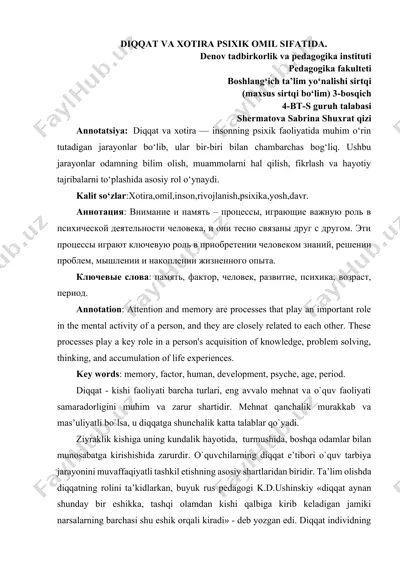 diqqat va xotira psixik omil sifatida — DOCX