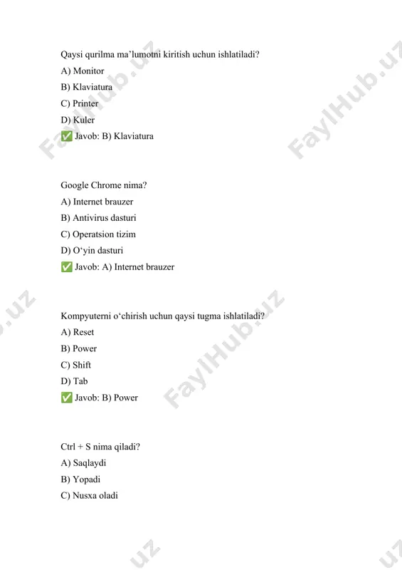 lf) belgisi 61–80: kompyuter qurilmalari va texnik savodxonlik kompyuterning doimiy xotirasi qaysi? a) ram b) rom c) hdd d) ssd ✅ javob: b) rom kompyuterning operativ xotirasi qaysi? a) ram b) rom c) hdd d) dvd ✅ javob: a) ram qaysi qurilma kiritish qurilmasi hisoblanadi? a) monitor b) printer c) klaviatura d) dinamik ✅ javob: c) klaviatura qaysi qurilma chiqarish qurilmasi hisoblanadi? a) sichqoncha b) printer c) klaviatura d) skanner ✅ javob: b) printer qattiq diskning asosiy vazifasi nima? a) ma’lumotni saqlash b) elektr ta’minoti c) grafikni ko‘rsatish d) internetga ulash ✅ javob: a) ma’lumotni saqlash usb fleshka qanday qurilma? a) tashqi xotira b) internet qurilmasi c) monitor turi d) printer qismi ✅ javob: a) tashqi xotira monitor tasvir sifatini nimada o‘lchash mumkin? a) piksel (resolution) b) gb c) hz d) byte ✅ javob: a) piksel (resolution) sichqonchaning chap tugmasi odatda nima qiladi? a) o‘chiradi b) belgilaydi va tanlaydi c) …