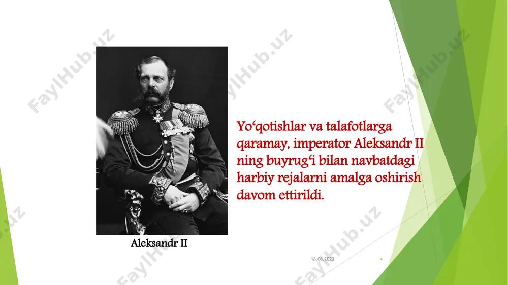 aida.ucoz.ru 24 o‘rta osiyoning rossiya imperiyasi tomonidan bosib olinishi bilan bir vaqtda uni kelgusida qanday boshqarish va o‘z manfaatlari yo‘lida foydalanish hal qilib borilgan. 18.06.2023http://aida.ucoz.ru 25 o‘rta osiyoda rossiya imperiyasi hukumatining yana bir asosiy maqsadi - bu imperiyaning markaziy rayonlaridan bu yerlarga aholini ko‘chirib keltirib joylashtirish bo‘lgan. 18.06.2023http://aida.ucoz.ru 26 1877-yilda toshkentda «shahar nizomi» joriy etilgan bo‘lib, unga muvofq shahar boshqaruvi dumaga o‘tgan edi. 18.06.2023http://aida.ucoz.ru 27 duma a’zolarining 1/3 qismi eski shahar qismidan, 2/3 qismi esa yangi shahar qismidan saylangan. 1886-yil 12-iyulda imperator aleksandr iii tomonidan yangi «turkiston o‘lkasini idora qilish to‘g‘risidagi nizom» tasdiqlandi. 18.06.2023http://aida.ucoz.ru 28 mazkur nizomning asosiy maqsadi o‘lkada ma’muriy boshqaruvni mustahkamlash va yerdan foydalanish tartiblarini o‘zgartirishdan iborat bo‘lgan. aleksandr iii 1886-yildagi «nizom»ga muvofiq turkiston general- gubernatorligining ma’muriy boshqaruvi yangi idora – turkiston general-gubernatori kengashi bilan to‘ldirilgan. 18.06.2023http://aida.ucoz.ru 29 qishloq xo’jaligidagi o’zgarishlar 18.06.2023 30 o‘rta osiyo iqtisodiyotida qishloq xo‘jaligi yetakchi o‘rin tutgan. rossiya imperiyasi agrar hudud hisoblangan turkiston o‘lkasida …