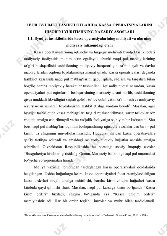 ida, agar bir byudjet tashkiloti xodimlarga ish haqi to‘lasa, bu chiqim operatsiyasi hisoblanadi va kassa chiqim orderi asosida amalga oshiriladi. huquqiy nuqtai nazardan esa, agar ushbu jarayonda order rasmiylashtirilmasdan yoki noto‘g‘ri to‘ldirilsa, bu moliyaviy intizomni buzish hisoblanadi va javobgarlikka sabab bo‘lishi mumkin. shuningdek, kassa operatsiyalarining iqtisodiy mohiyatida likvidlik koeffitsienti kabi moliyaviy ko‘rsatkichlar ham muhim o‘rin tutadi. masalan, joriy likvidlik koeffitsienti quyidagi formula bilan aniqlanadi: jlk = (joriy aktivlar / joriy majburiyatlar). agar kassa mablag‘lari yetarli bo‘lsa, bu ko‘rsatkich yuqori bo‘ladi va tashkilotning qisqa muddatli majburiyatlarni bajarish imkoniyati kuchayadi[footnoteref:2]. [2: akramov b. byudjet tashkilotlarida kassa hujjatlarni rasmiylashtirish tartibi. – tashkent : economy publ., 2019. – 142 p.] kassa operatsiyalarining huquqiy mohiyatida esa barcha amallar qonuniy kuchga ega bo‘lishi, tegishli hujjatlar bilan tasdiqlanishi va davlat moliyaviy nazorat organlari tomonidan tekshirilishi talab qilinadi. misol uchun, davlat moliyaviy nazorati inspeksiyasi kassa operatsiyalarini tekshirganida, kassa kitobi, orderlar, ish haqi to‘lov vedomostlari va boshqa tegishli hujjatlar …