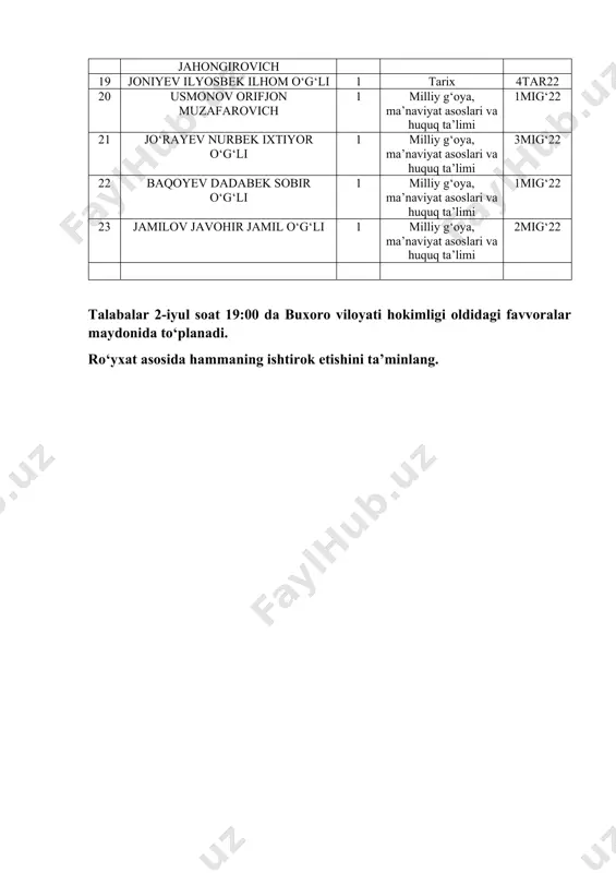 illiy g‘oya, ma’naviyat asoslari va huquq ta’limi 2mig‘22 talabalar 2-iyul soat 19:00 da buxoro viloyati hokimligi oldidagi favvoralar maydonida to‘planadi. ro‘yxat asosida hammaning ishtirok etishini ta’minlang. 2 - i yul o ‘ zbekiston respuplikasi davlat gerbi qabul qilingani munosabati bilan favvoralar maydonida tashkil qilinadigan tadbirda qatnashadigan talabalar ro ’yxati. t/r f. i. sh kursi y o ‘ nalishi g uruhi 1 abdurasulov amirshoh abduraximovich 1 t arix 2tar22 2 bekjonova sabrinabonu bekjon qizi 1 t arix 3 tar22 3 isoyeva ismigul iso qizi 1 t arix 3 tar22 4 sa’dullayeva robia baxodir qizi 1 t arix 4 tar22 5 nematova dildora o‘ktamjonovna 1 milliy g ‘ oya , ma ’ naviyat asoslari va huquq ta ’ limi 1mig ‘ 22 6 amrayev muhammadali farruxovich 1 milliy g ‘ oya , ma ’ naviyat asoslari va huquq ta ’ limi 1mig ‘ 22 7 hasanova maxfiratbonu jamshidovna 1 milliy g ‘ …