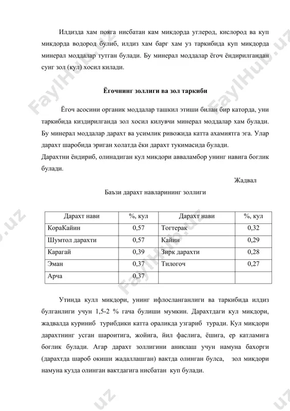 г асосини углевод махсулотлари ташкил этади. углевод махсулотларини асосан полисахарид-целлюлоза ташкил килади. иккинчи уринда узини тузилиши билан хар хил булган гемицеллюлоза ва нихоят полиурон кислоталар (камеди, пектин моддалар) туради. юкорида айтилган кислоталар кислотали хоссага эга булганликлари билан бир каторда полисахаридлар характерига ва тузилишига хам эгадирлар. ахамиятлилиги билан кейинги модда бу- ёгоч таркибидаги лигниндир, лигнин ароматик характерга эга. ёгоч таркибида асосий компонентлар билан бирга бошка моддалар хам булиб, уларнинг микдори купинча дарахт навига боглик булади. шундай иккинчи даражали (микдорий курсаткичи буйича) элементларга куйидагилар киради: буёвчи ва ошловчи (дубильные) моддалар, мум, ёг, катрон (смола), эфир ёглари, катрон кислоталар, оксил ва бошкалар. ёгоч таркибидаги моддаларни аниклаш учун бир неча хил усуллар мавжуд. материалларни катъий маълум усулларда текширишга тайёрлаш ва аналитик анализларникетма-кет олиб бориш оркали аник натижаларини олиш мумкин. шу сабабли текширишга одатда ёгоч намунасидан олиш учун маълум коидаларга амал килинади, яъни намуналарни аник белгилаш, уларни ботаник ва урмон хужаликдаги характеристикаси, намунани олишдаги шароит …