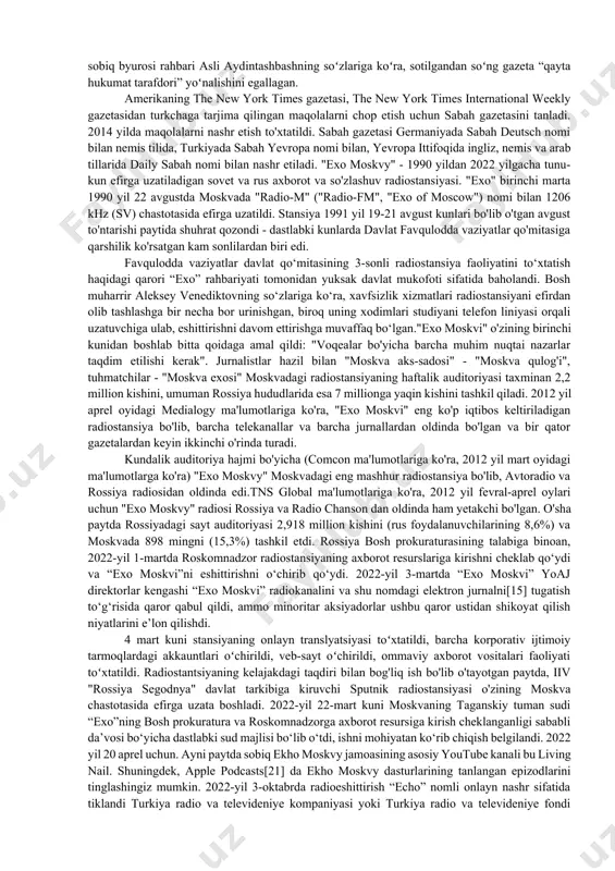 mkin. bloomberg terminaliga qo'shimcha ravishda bloombergtv ixtisoslashgan telekanallar oilasi (barcha yirik bozorlar uchun alohida kanalda), bloomberg markets jurnallari, bloomberg businessweek, bloomberg.com va businessweek.com veb-saytlari, bloombergradio mobil ilovalari va radiosi muhim mahsulotdir. bloomberg 1981 yilda maykl blumberg tomonidan asos solingan. bu xususiy kompaniya: maykl bloomberg 2008 yil iyul oyida merrill lynchdan kompaniyaning 20 foizini sotib oldi va hozirda uning asoschisi 88 foiz aktsiyalarga egalik qiladi. hozirda uning bosh qarorgohi nyu-yorkdagi bloomberg minorasida joylashgan. kompaniya direktorlar kengashi raisi - piter graver sabah (gastrol. sabah - “tong, tong (gazeta)”) turkiyaning kundalik gazetasi. u 1985-yil 22-aprelda izmirda turk tadbirkori dinch bilgin tomonidan tashkil etilgan. shiori "türkiye'nin en iyi gazetesi" (tur. "turkiyaning eng yaxshi gazetasi"). 1997-yil yanvar oyida internetda veb-sayt ochildi. 2007-yilda turkiya bosh vaziri rajab toyyib erdo‘g‘an gazetaning 2001-yilda noqonuniy sotilganini bahona qilib, nashr etilishini to‘xtatib qo‘ygan va “sabah” gazetasini turkiya jamg‘arma depozitlarini sug‘urtalash jamg‘armasiga topshirgan.2008 yilda gazetaning bir qator xodimlari ishdan bo'shatilgandan so'ng …