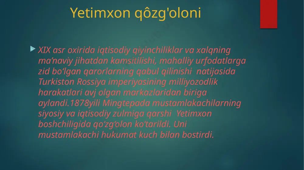 mad ali qo‘zg‘olon boshlash vaqti kelganligini e’lon qiladi. shu kuni tunda qo‘zg‘olonchilar tomonidan tojikqishloqdagi telegraf simlarining qirqib tashlanishi bilan qo‘zg‘olon boshlanib ketdi. turkiston mintaqasida bolsheviklar hukmronligidagi sovet rejimiga qarshi istiqlolchilik harakati 1918-yil fevral oyining so‘nggi o‘n kunligida dastlab qo‘qon atroflarida boshlandi. dastlabki guruhlarning tuzilishi qo‘qon atrofidagi bachqir qishlog‘idan bo‘lgan kichik ergash va katta ergash kabi qôrboshilar nomlari bilan bog’liqdir 1919-yil yozining oxiri va kuzida o‘zining eng yuqori cho‘qqisiga chiqdi. sentyabr oyining dastlabki kunlarida madaminbek lashkarlari jalolobod va o‘sh shaharlarini egallashdi. ular eski marg‘ilon shahrini qizil bosqinchilardan ozod qildilar 1919-yilning kech kuziga kelib madaminbek qo‘l ostida 30 000 nafarga yaqin yigit qizil armiyaga qarshi istiqlol janglarini olib bordilar. bu paytda shermuhammadbek qo‘l ostida 20 000, katta ergash qo‘rboshida 8000 nafar askar bo‘lgan. ana shu uchta lashkarboshi vodiydagi jangovar harakatlarni yo‘naltirib turdilar. image6.jpeg image7.jpeg image8.jpeg image9.jpeg image10.jpeg image2.png image3.png image4.png image5.png