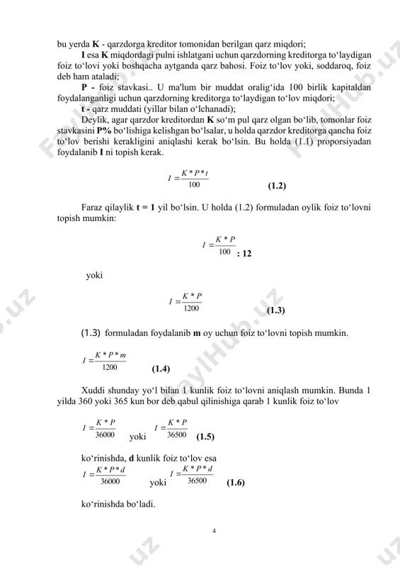 rz muddati (yillar bilan o‘lchanadi); deylik, agar qarzdor kreditordan k so‘m pul qarz olgan bo‘lib, tomonlar foiz stavkasini p% bo‘lishiga kelishgan bo‘lsalar, u holda qarzdor kreditorga qancha foiz to‘lov berishi kerakligini aniqlashi kerak bo‘lsin. bu holda (1.1) proporsiyadan foydalanib i ni topish kerak. (1.2) faraz qilaylik t = 1 yil bo‘lsin. u holda (1.2) formuladan oylik foiz to‘lovni topish mumkin: : 12 yoki (1.3) 1. formuladan foydalanib m oy uchun foiz to‘lovni topish mumkin. (1.4) xuddi shunday yo‘l bilan 1 kunlik foiz to‘lovni aniqlash mumkin. bunda 1 yilda 360 yoki 365 kun bor deb qabul qilinishiga qarab 1 kunlik foiz to‘lov yoki (1.5) ko‘rinishda, d kunlik foiz to‘lov esa yoki (1.6) ko‘rinishda bo‘ladi. jahon moliya-bank amaliyotida «foiz son» va «foiz kalit» (devizor) deb ataluvchi tushunchalar ham ishlatiladi. agar (1.6) kasrlarning surat va maxrajini p ga bo‘lsak d kunlik foiz to‘lov quyidagiga teng bo‘ladi. yoki (1.7) bu kasrlarning suratidagi kd son …